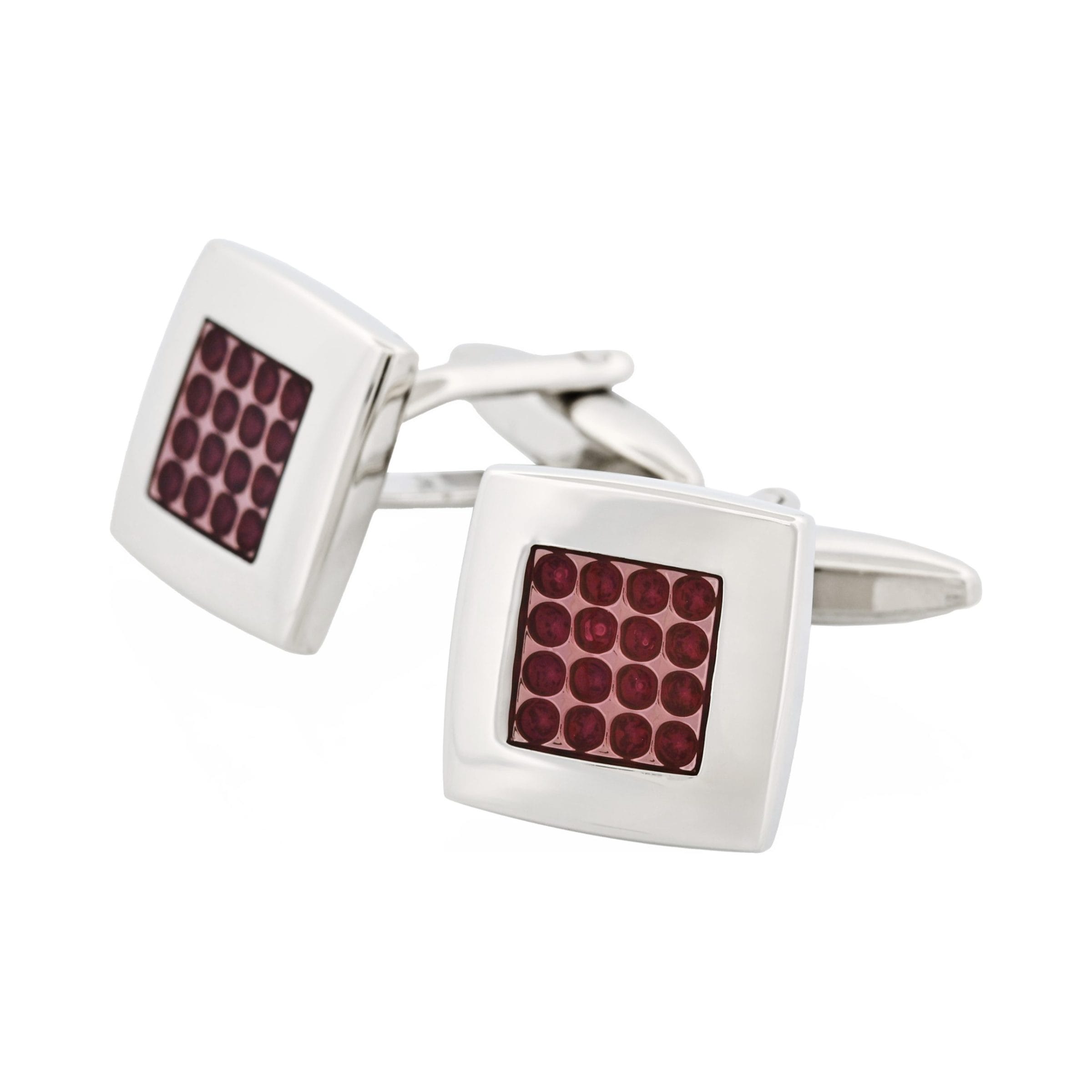 Polished Rhodium Plated Square Cufflinks with Cerise Enamel Centre Inlay