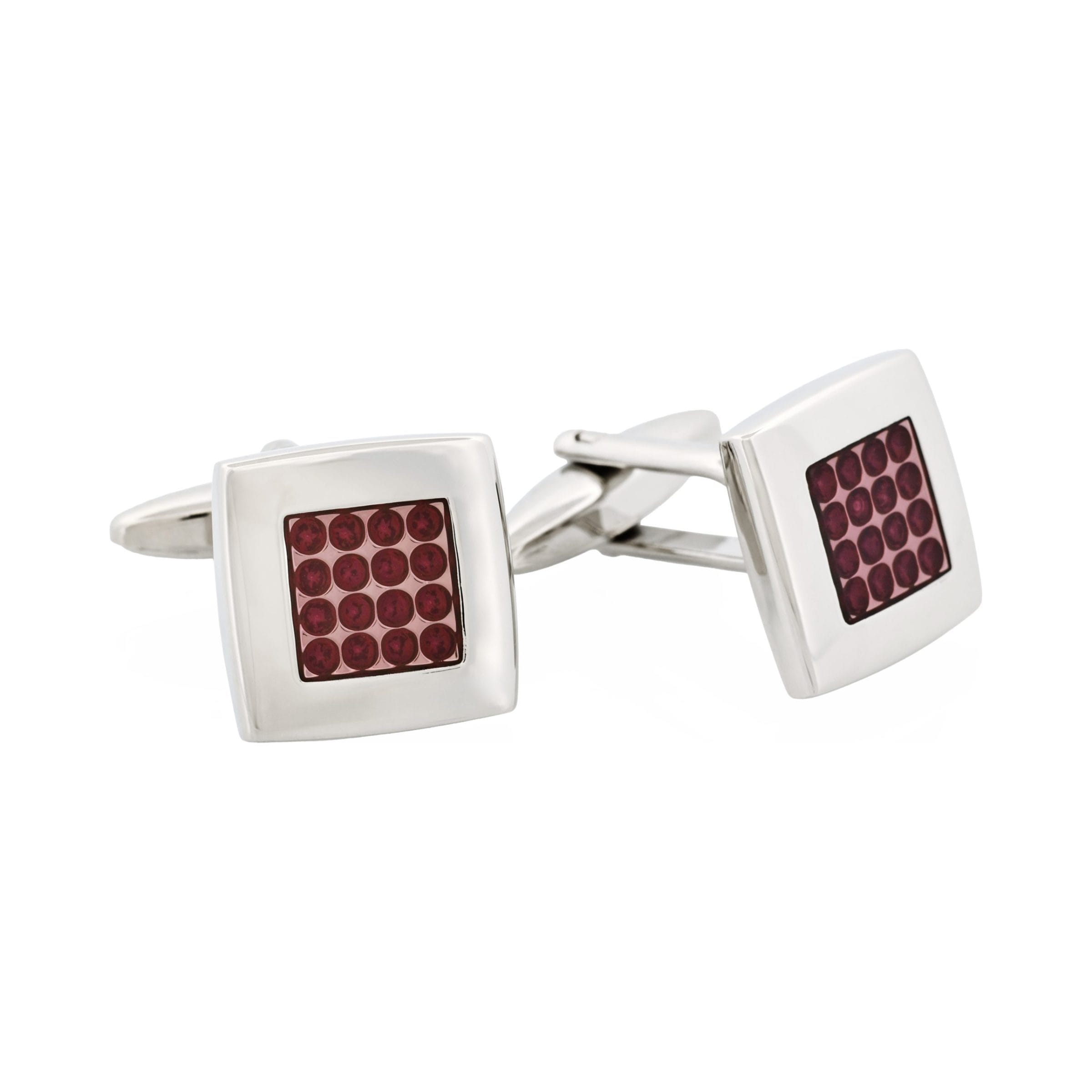 Polished Rhodium Plated Square Cufflinks with Cerise Enamel Centre Inlay