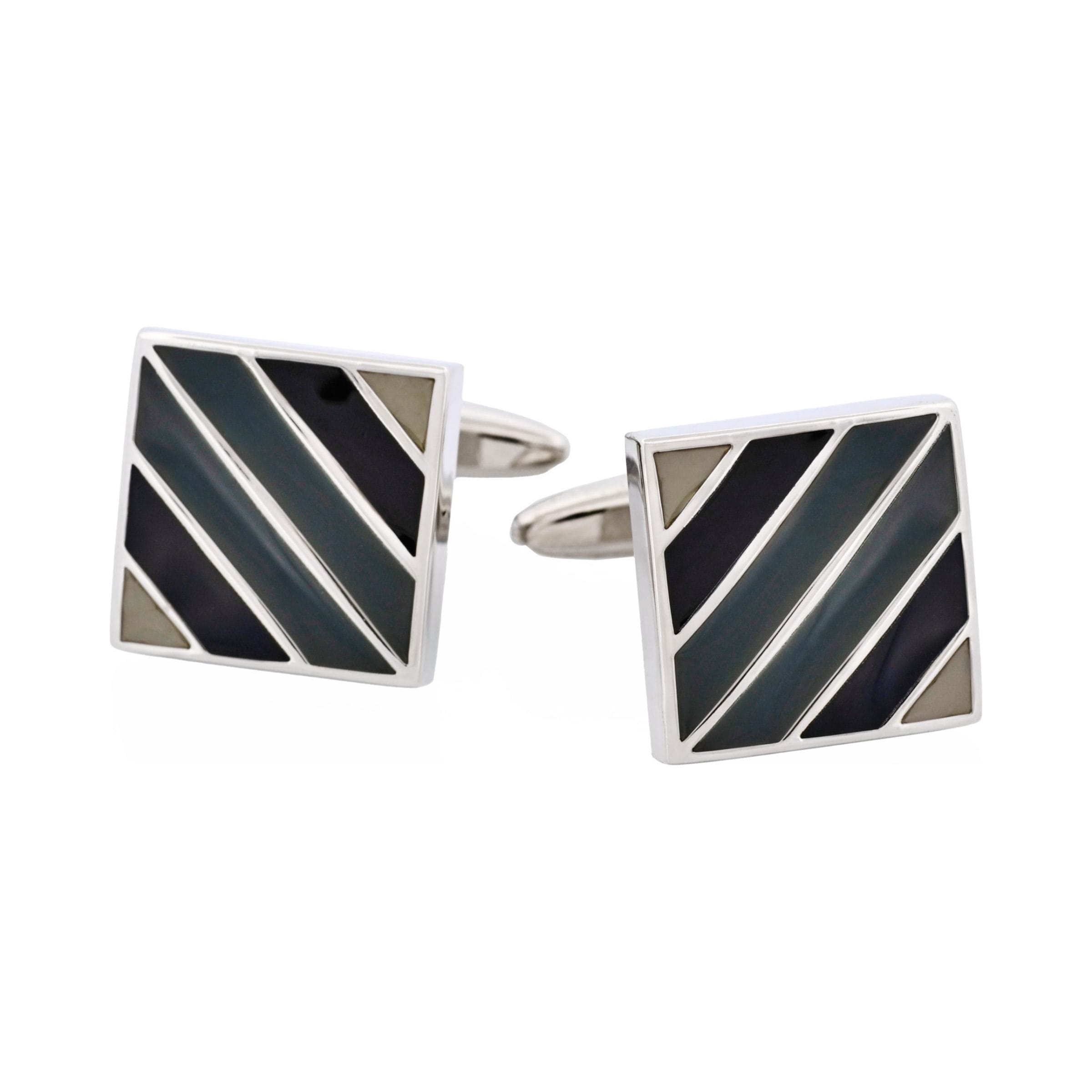 Polished Rhodium Plated Square Cufflinks with Black & Grey Diagonal Enamel Stripes