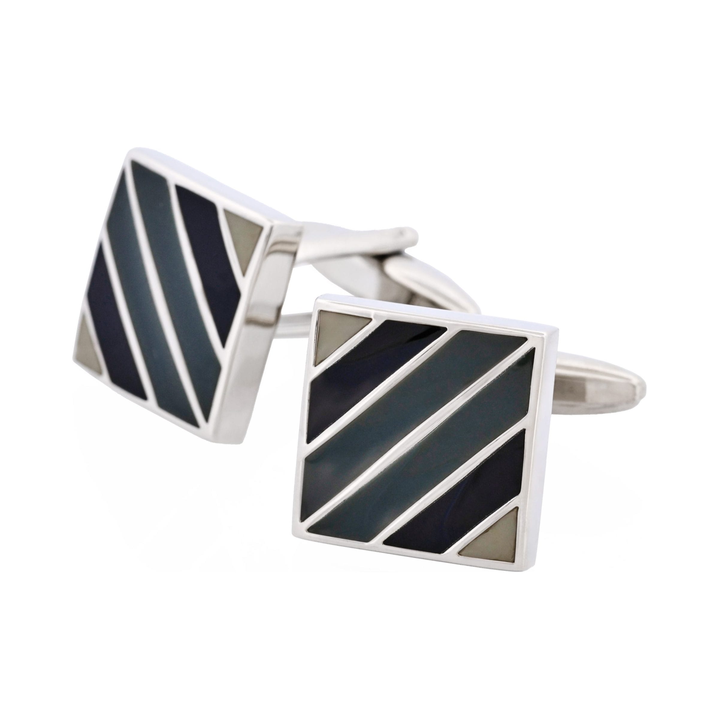 Polished Rhodium Plated Square Cufflinks with Black & Grey Diagonal Enamel Stripes