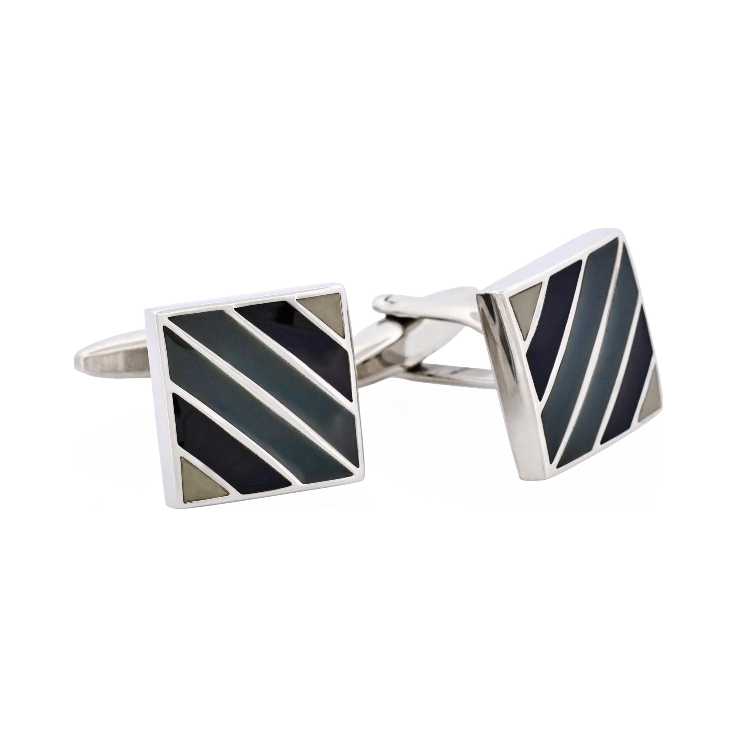 Polished Rhodium Plated Square Cufflinks with Black & Grey Diagonal Enamel Stripes
