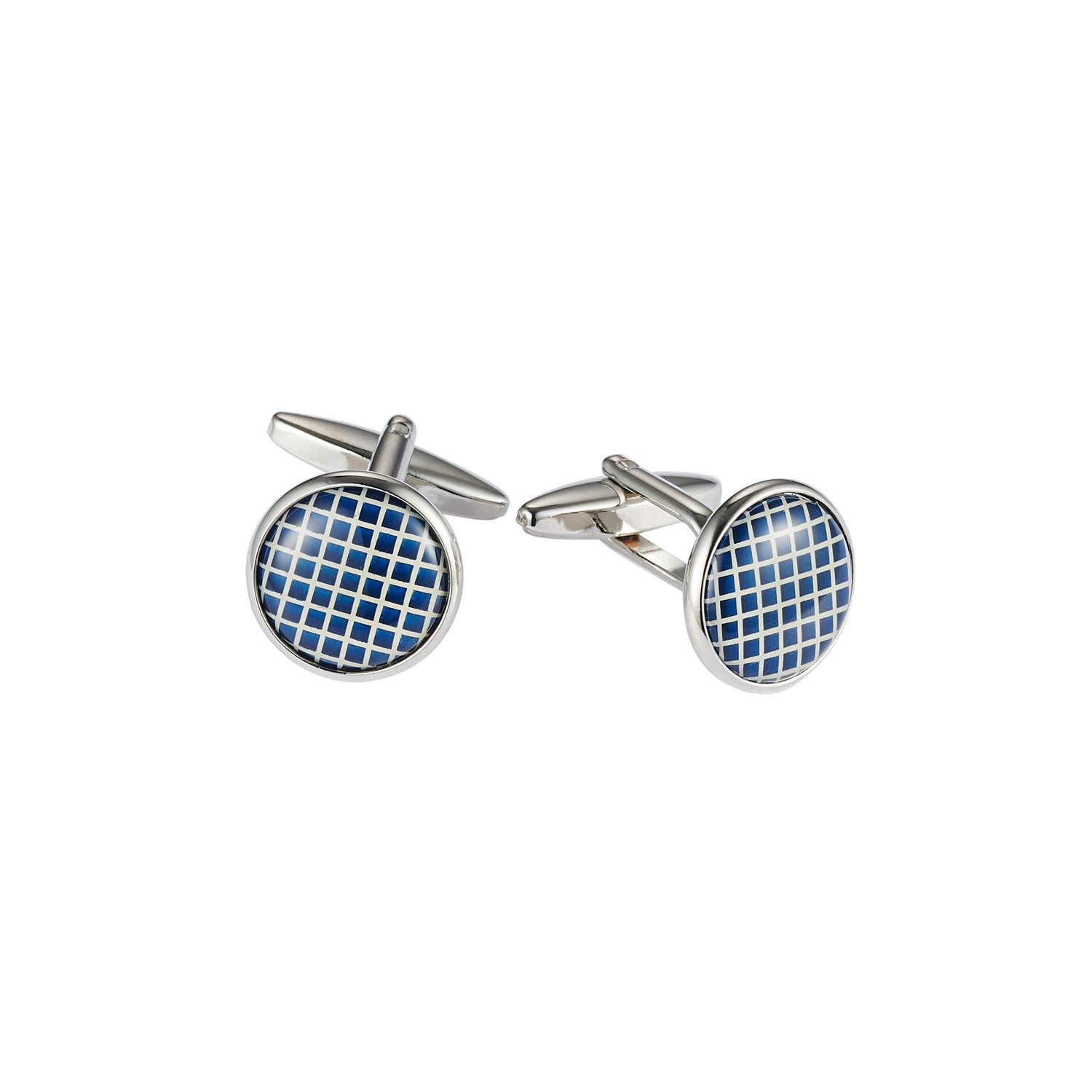 Polished Rhodium Plated Round Cufflinks with Navy & White Lattice Enamel Face