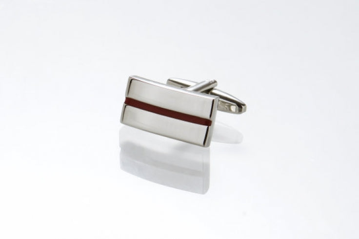 Brushed Rhodium Plated Rectangle Cufflinks with Red Centre Striped Enamel Inlay