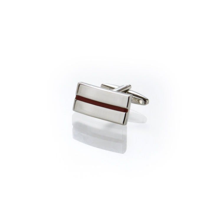 Brushed Rhodium Plated Rectangle Cufflinks with Red Centre Striped Enamel Inlay