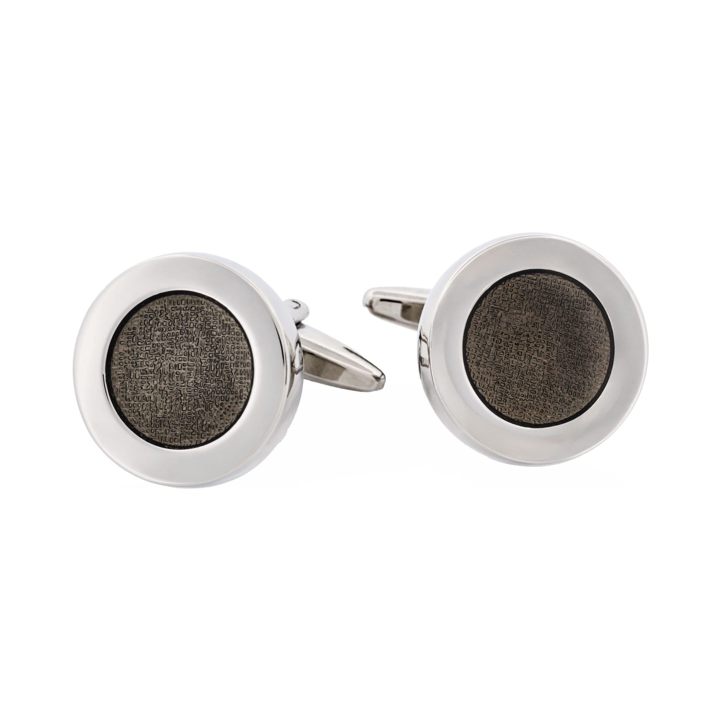 Polished Rhodium Plated Round Cufflinks with Dark Grey Enamel Inlay