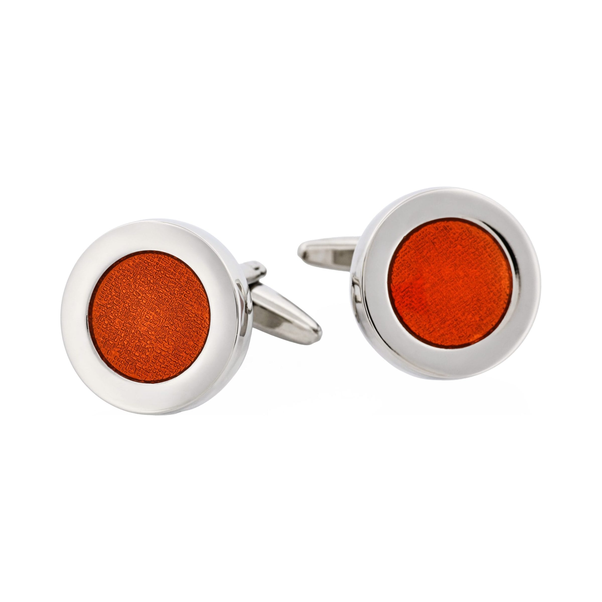 Polished Rhodium Plated Round Cufflinks with Orange Enamel Inlay