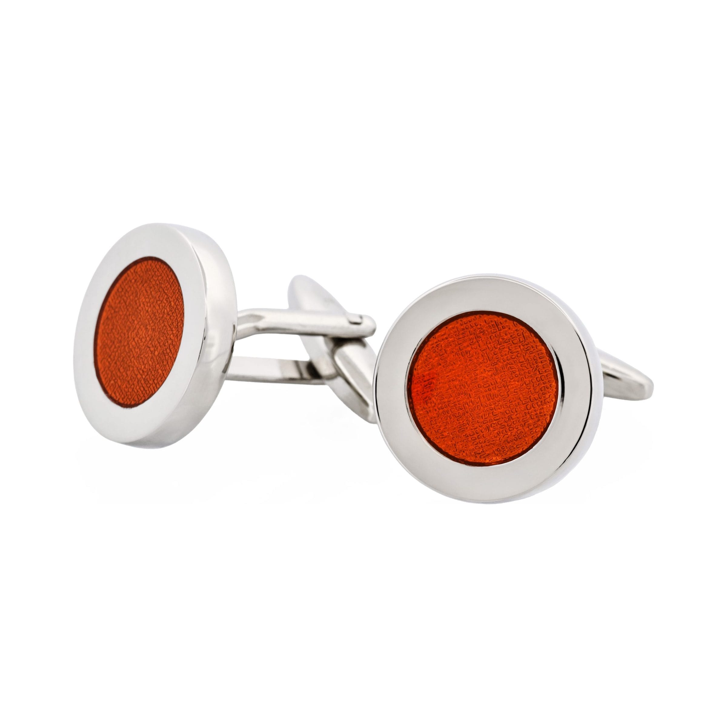 Polished Rhodium Plated Round Cufflinks with Orange Enamel Inlay