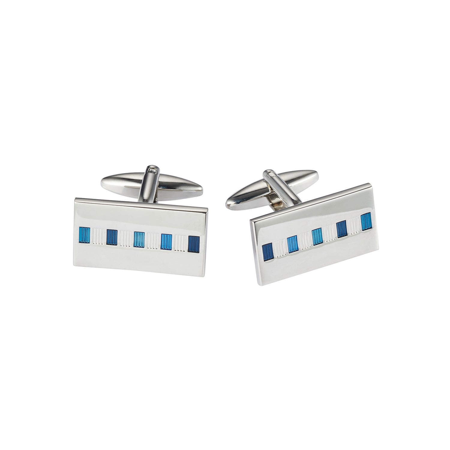 Rhodium Plated Multi Blue Enamel Rectangle Cufflinks
