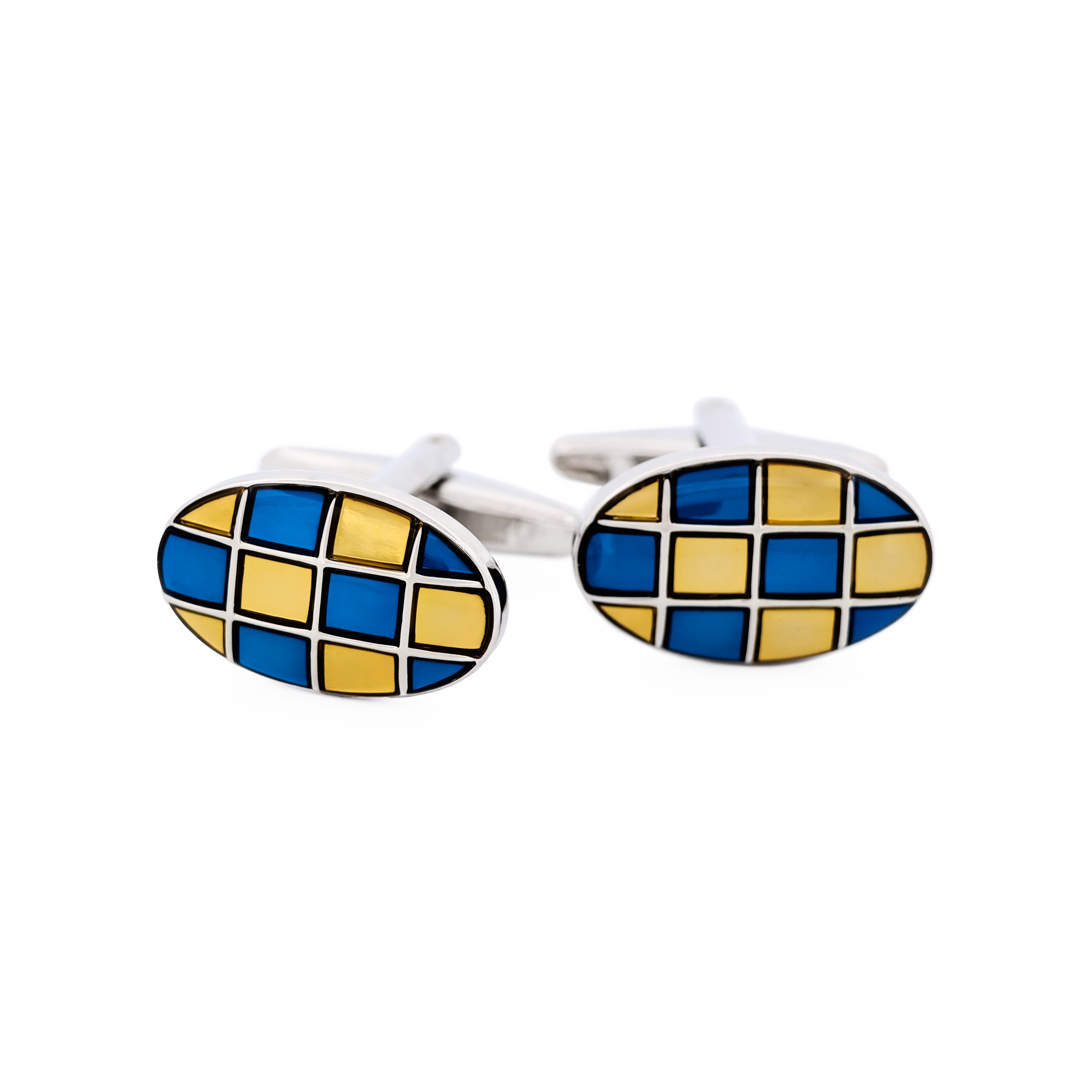 Blue & Gold Enamel Check Oval Cufflinks