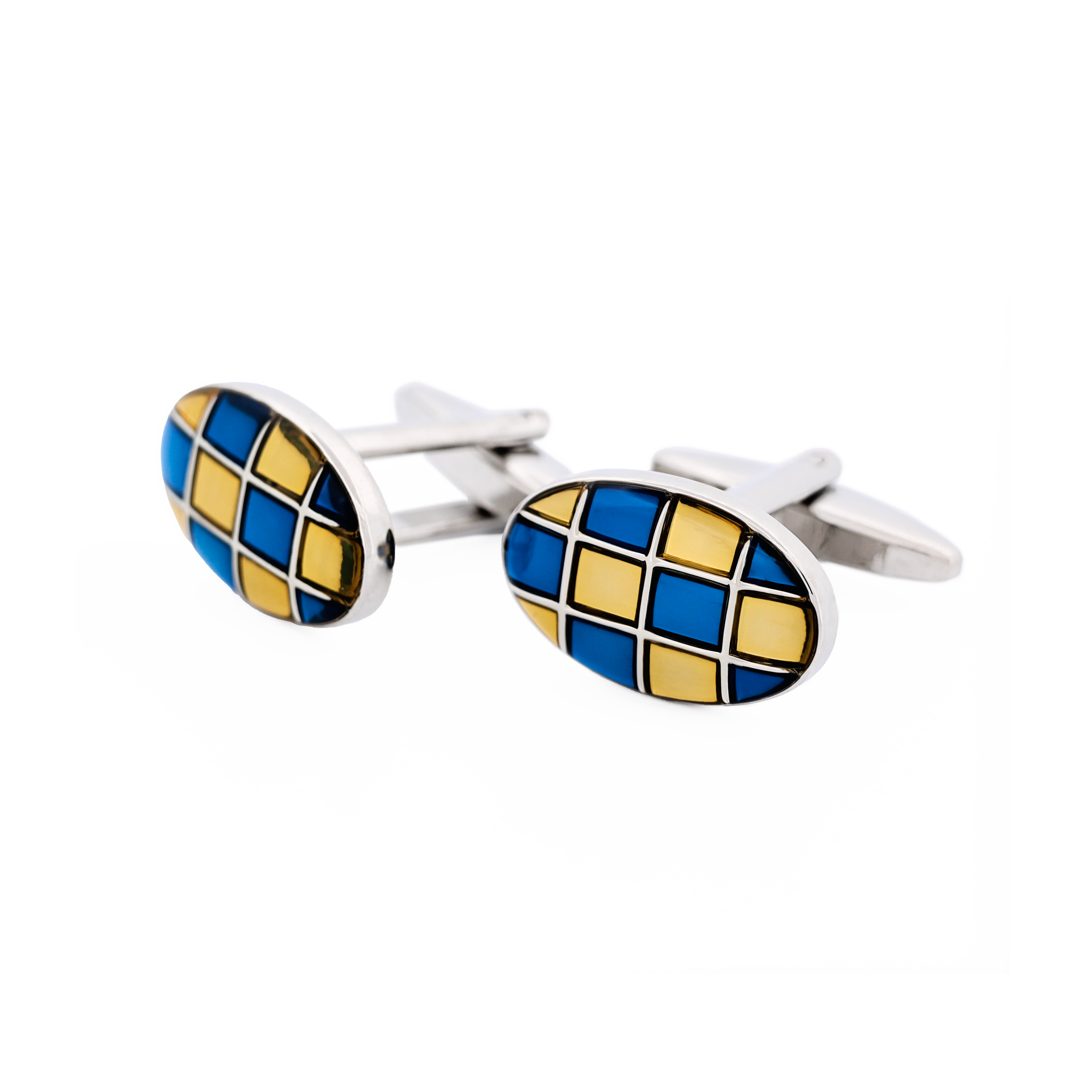Blue & Gold Enamel Check Oval Cufflinks