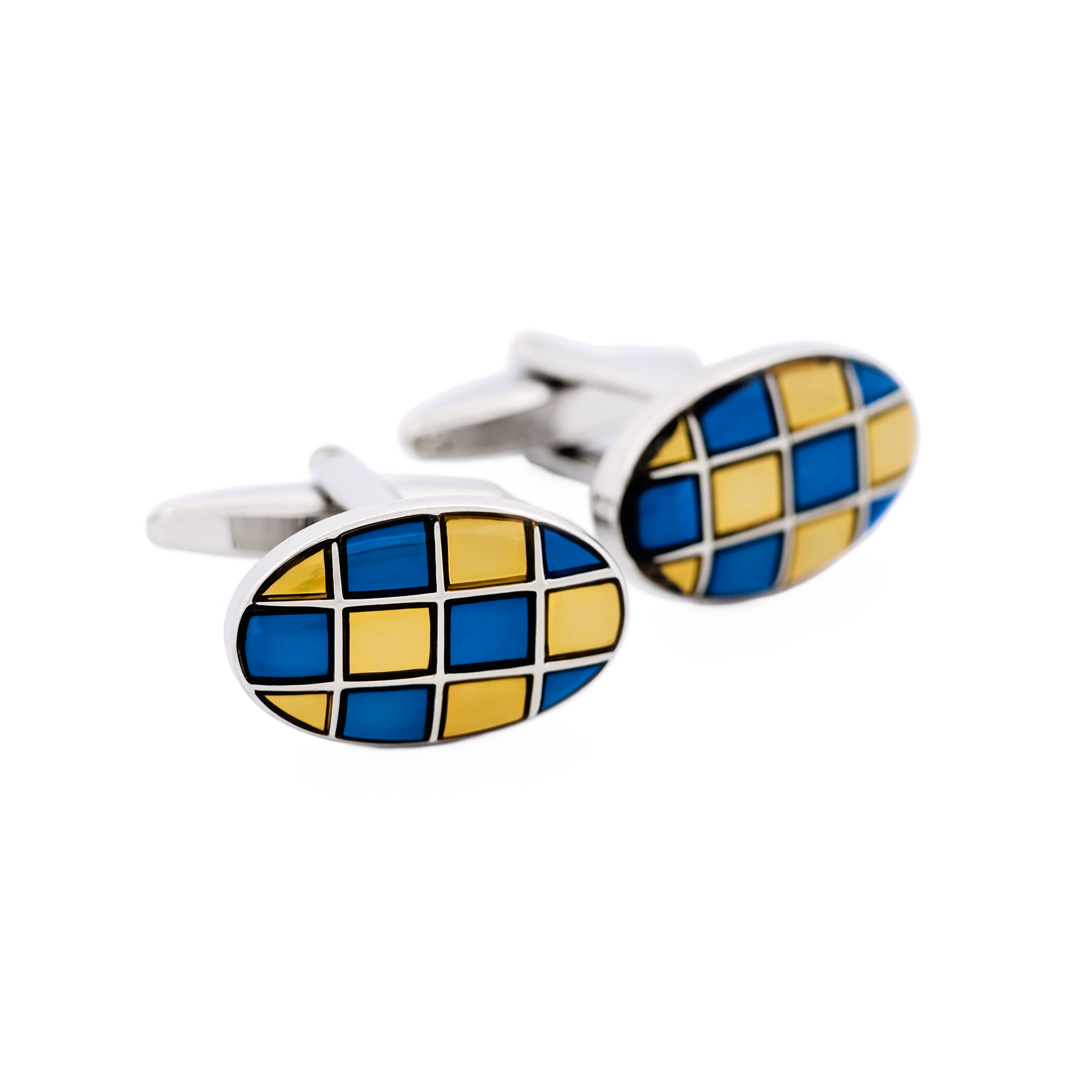 Blue & Gold Enamel Check Oval Cufflinks