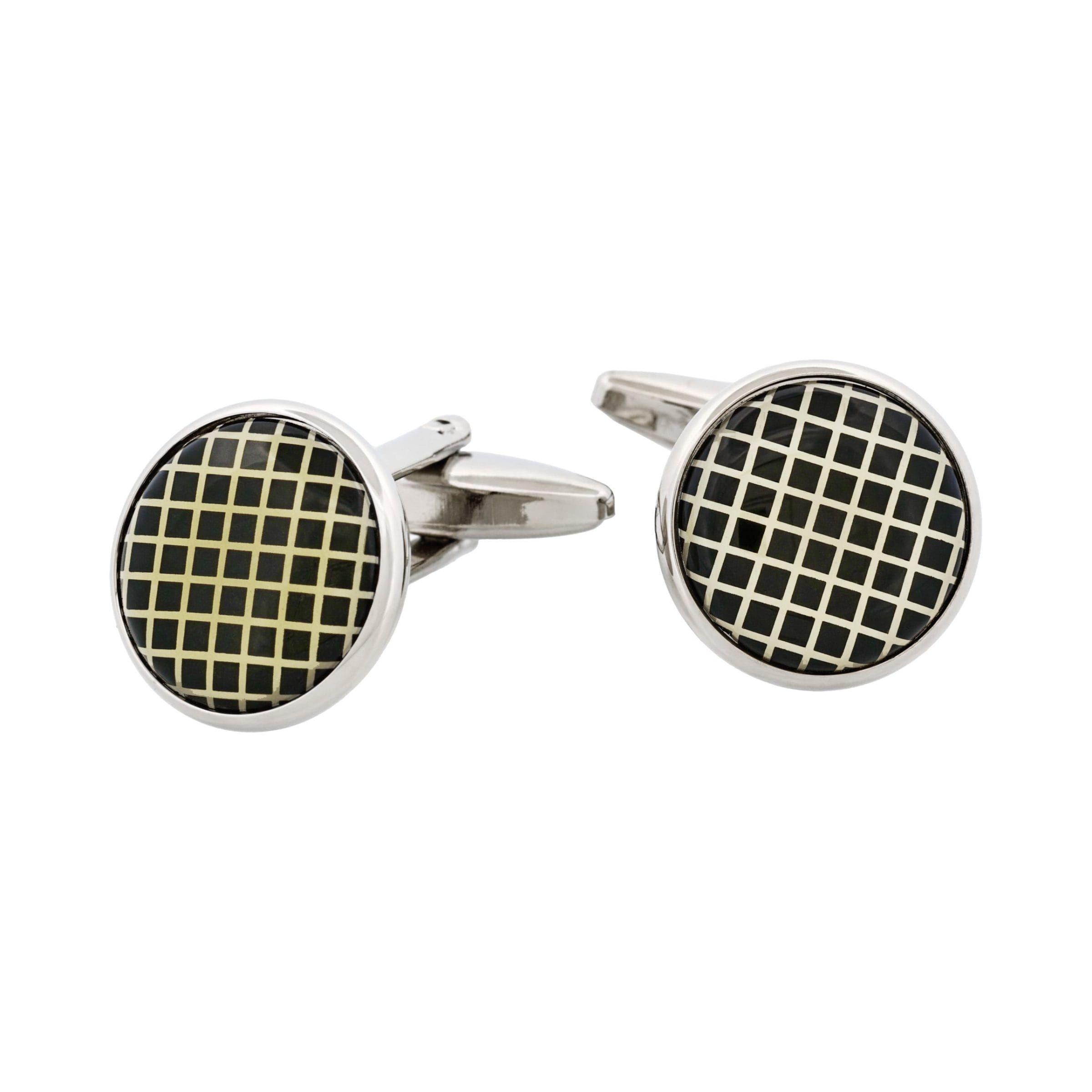 Rhodium Plated Round Black Check Cufflinks