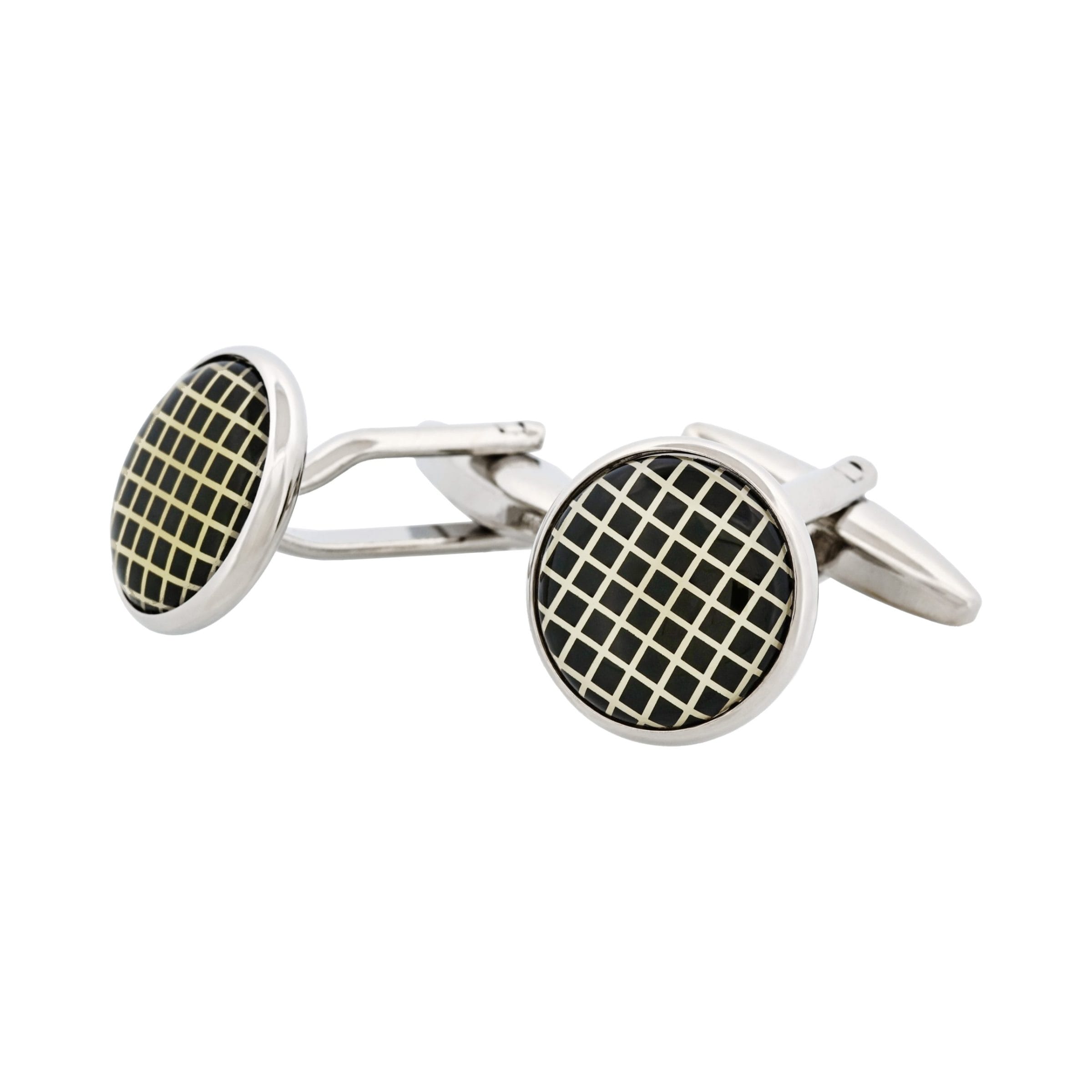 Rhodium Plated Round Black Check Cufflinks