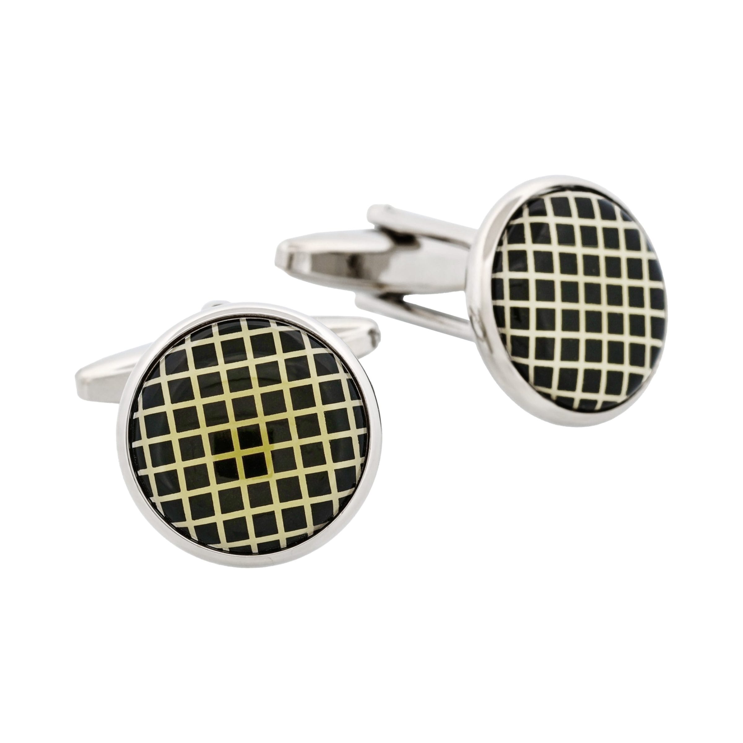 Rhodium Plated Round Black Check Cufflinks