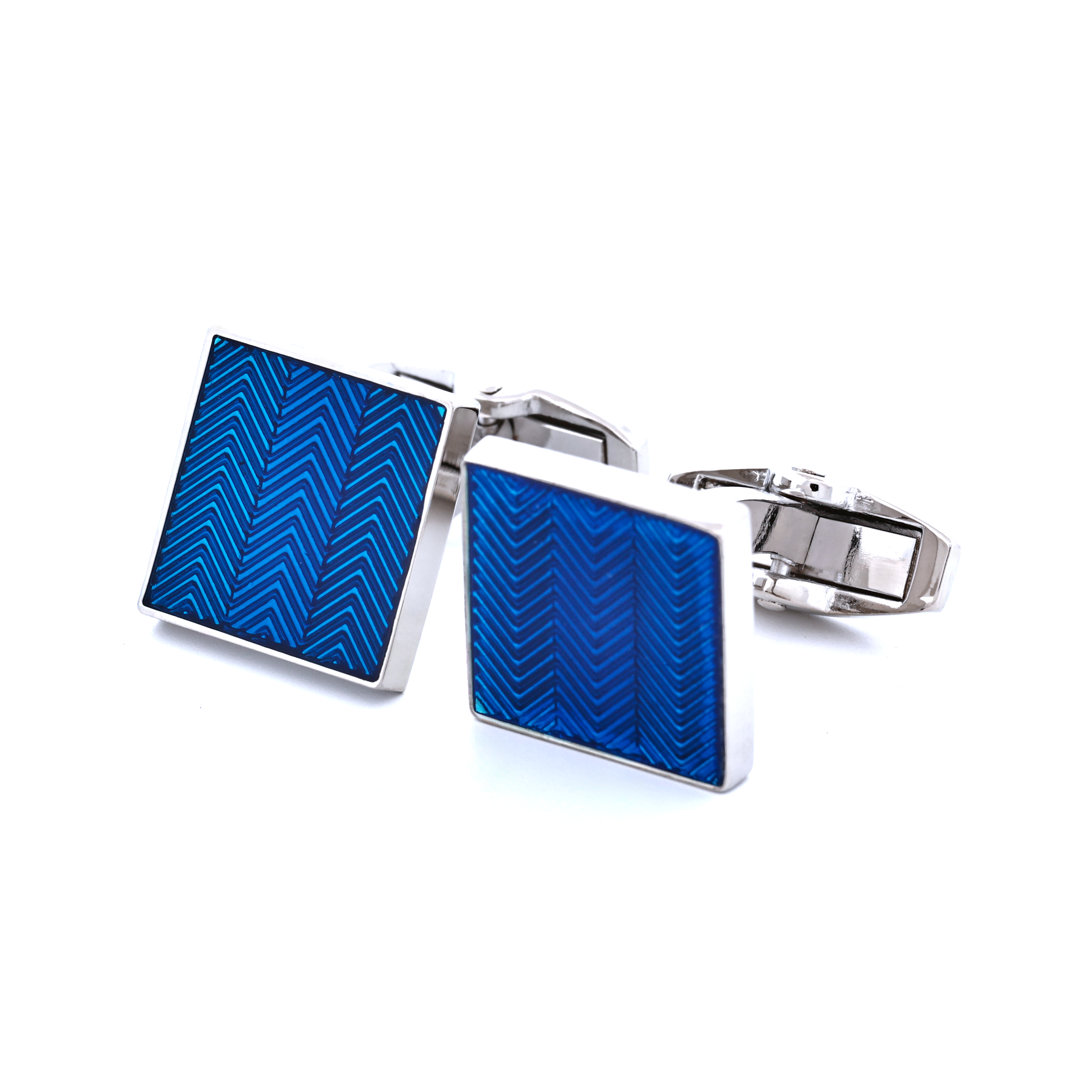 Rhodium Plated Blue Enamel Herringbone Pattern Square Cufflinks