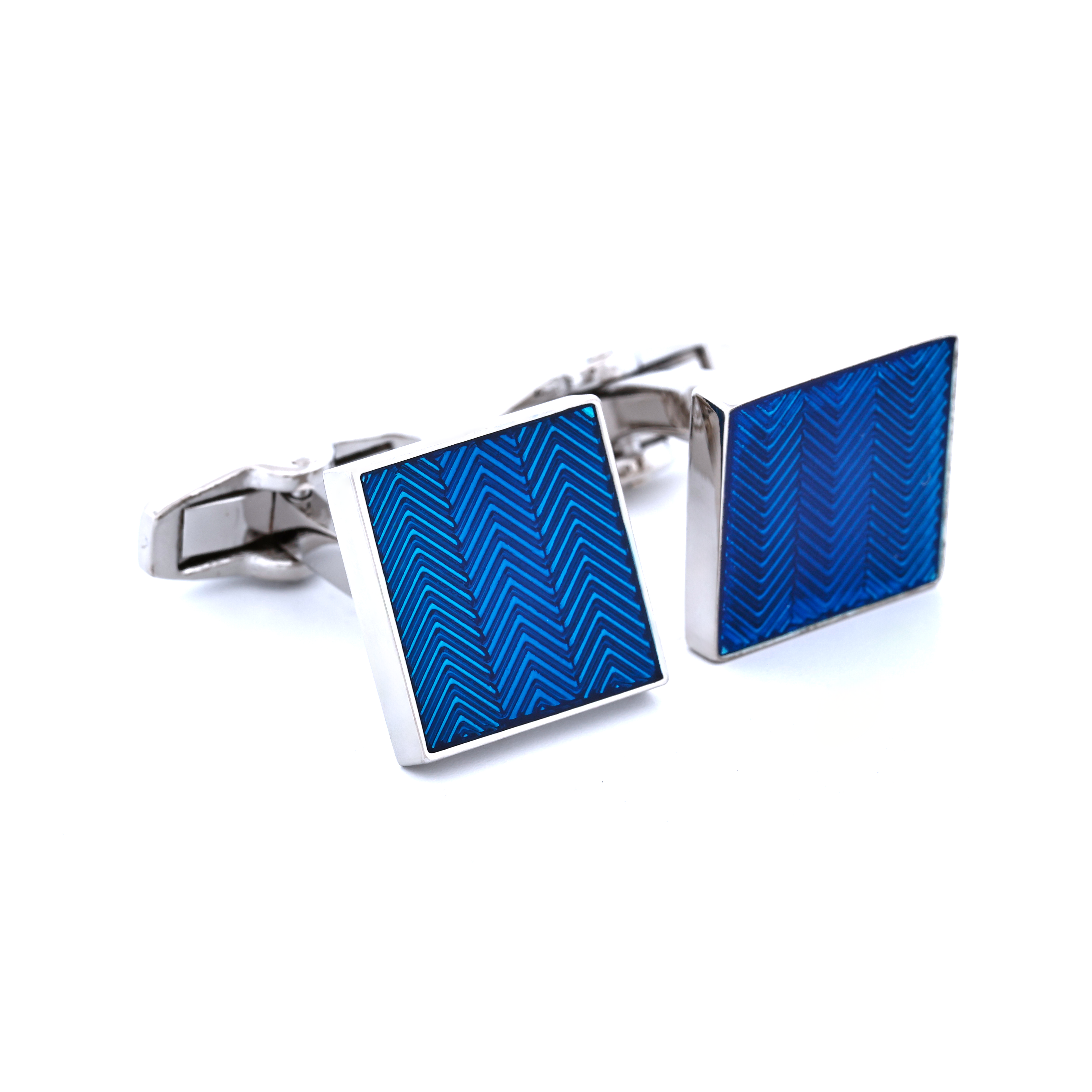 Rhodium Plated Blue Enamel Herringbone Pattern Square Cufflinks