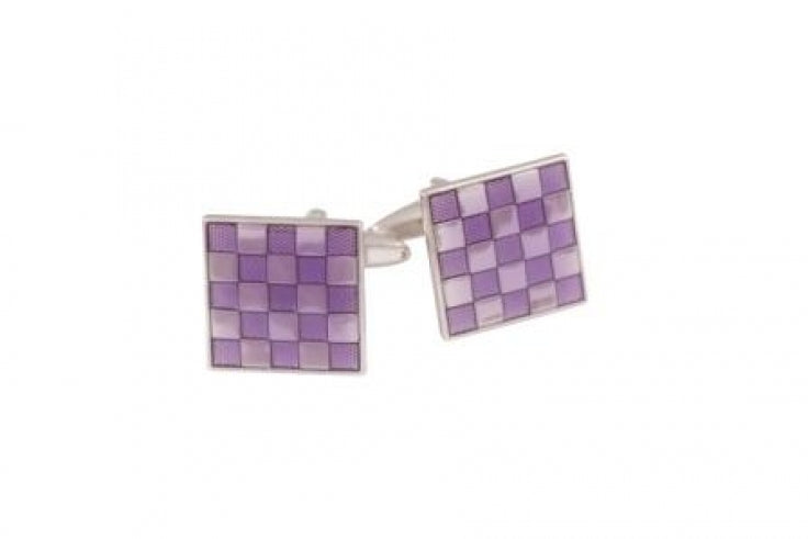 Rhodium Plated Purple Check Enamel Square Cufflinks