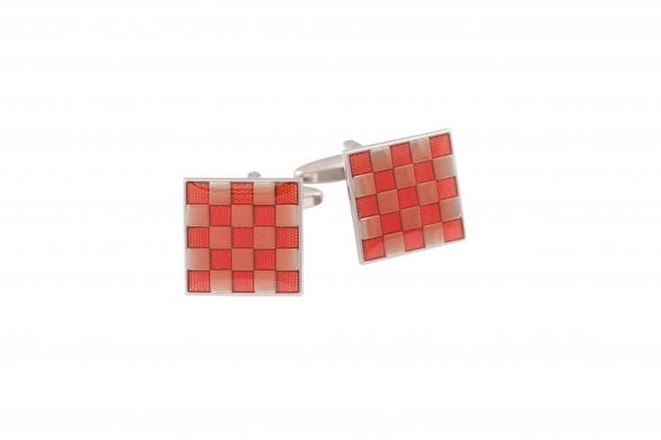 Rhodium Plated Red Check Enamel Square Cufflinks