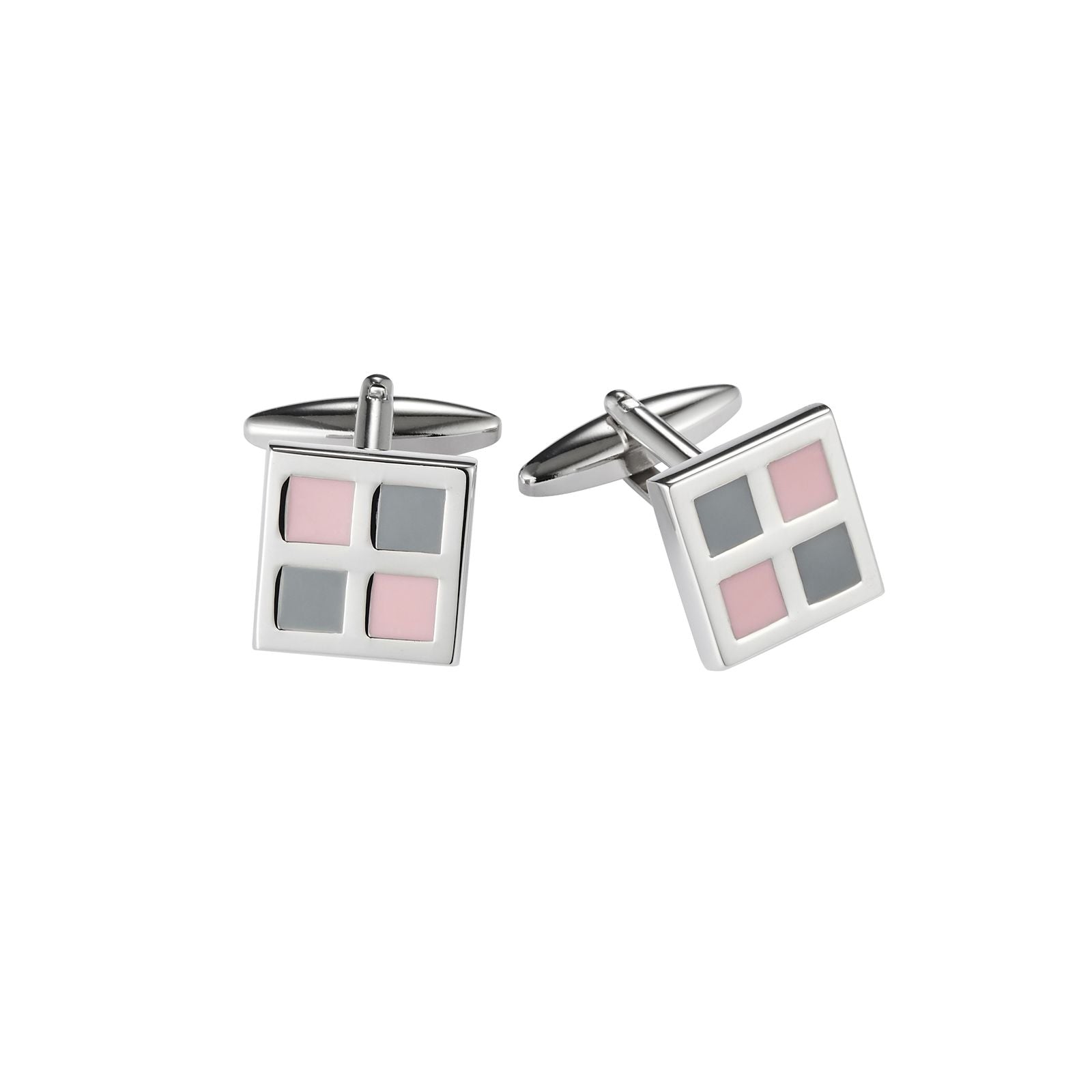 Polished Rhodium Plated Square Cufflinks with Pink & Grey Enamel Inlay