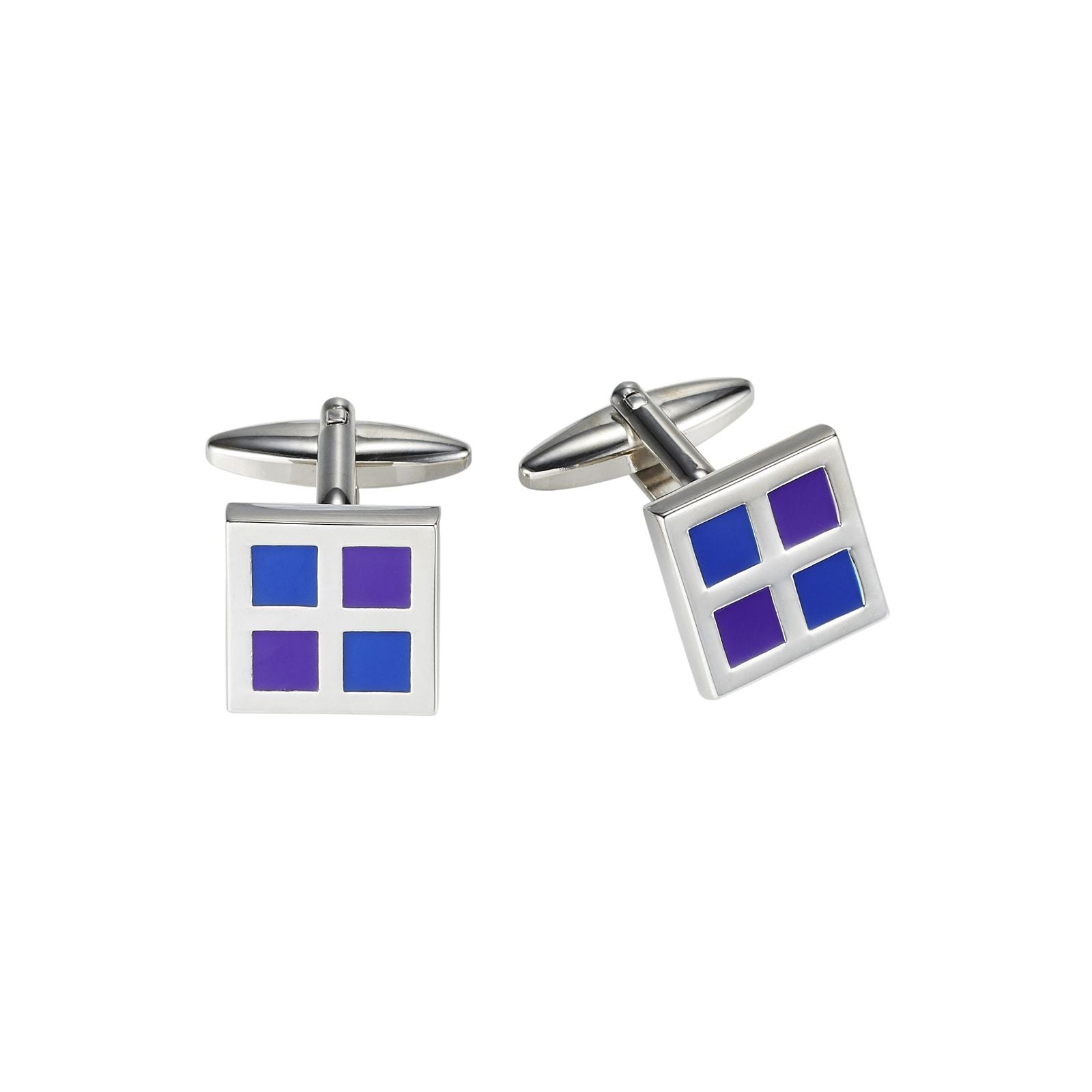 Polished Rhodium Plated Square Cufflinks with Purple & Blue Enamel Inlay
