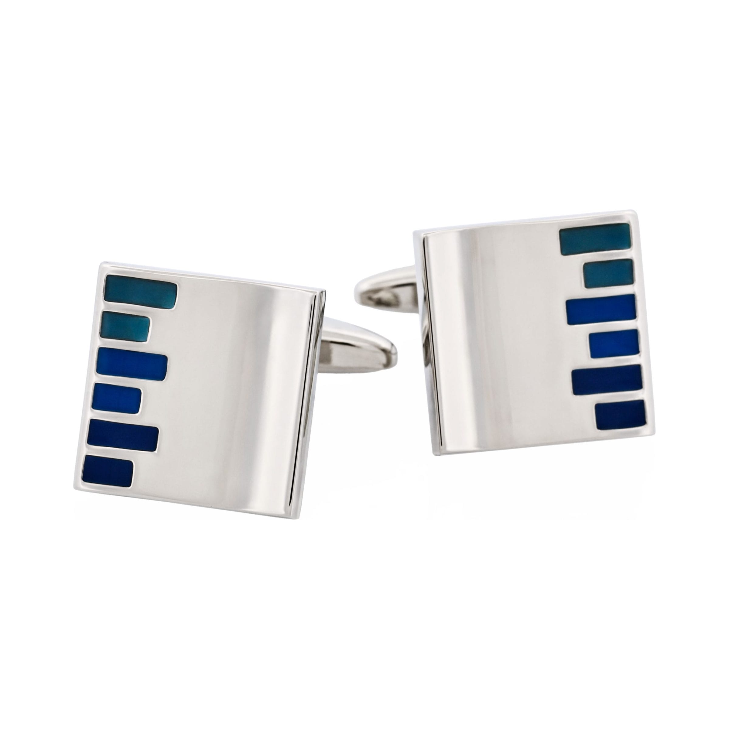 Polished Rhodium Plated Square Cufflinks with Pale & Dark Blue Bars Enamel Inlay