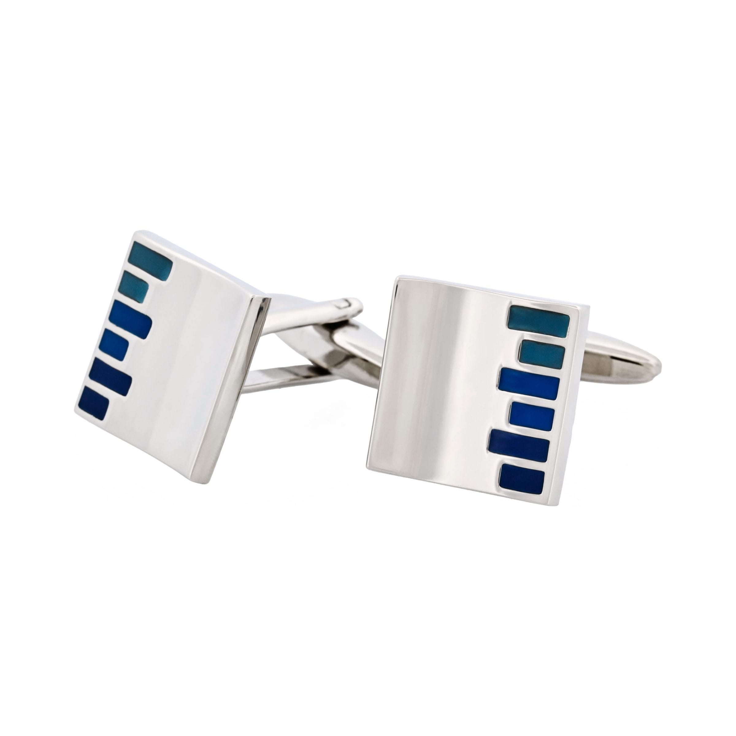 Polished Rhodium Plated Square Cufflinks with Pale & Dark Blue Bars Enamel Inlay