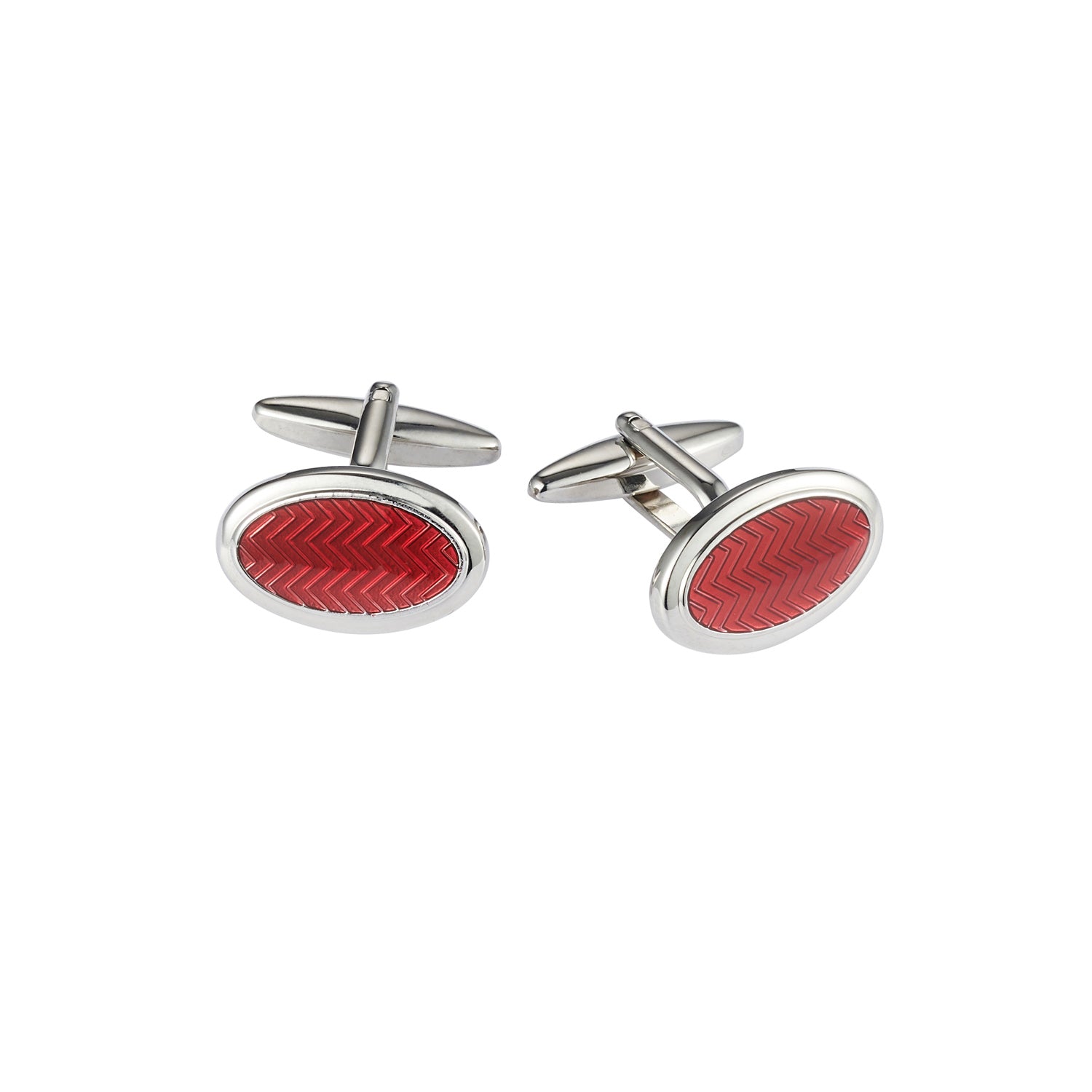 Oval Red Enamel Herringbone Cufflinks