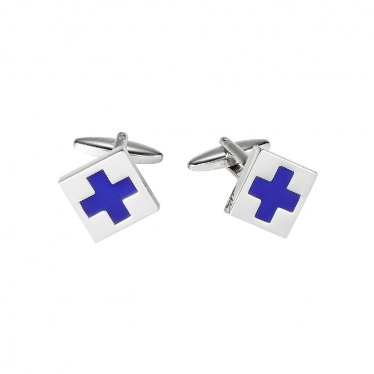 Polished Rhodium Plated Square Cufflinks with Azure Blue Cross Enamel Inlay