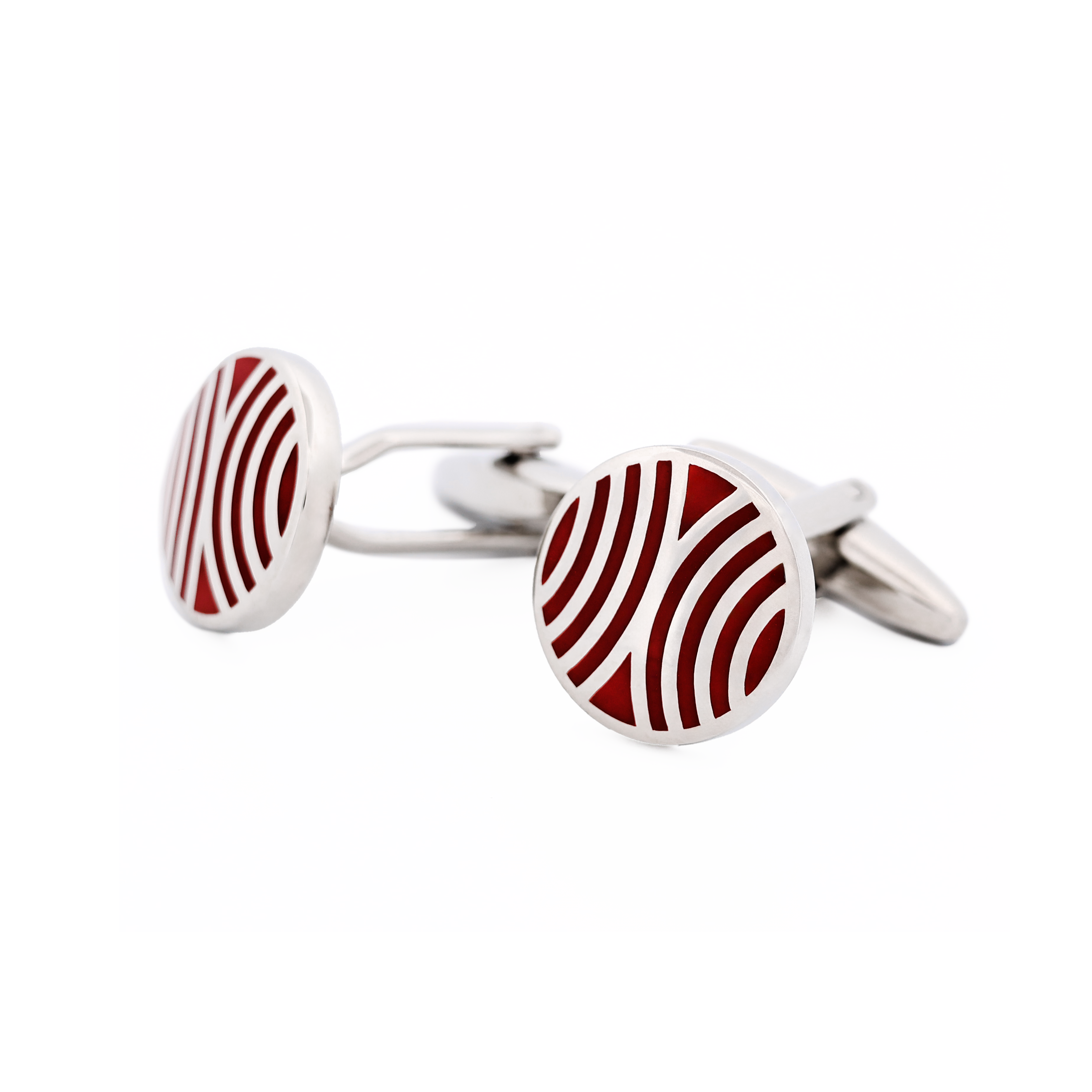 Polished Rhodium Plated Red Radio Wave Pattern Enamel Round Cufflinks