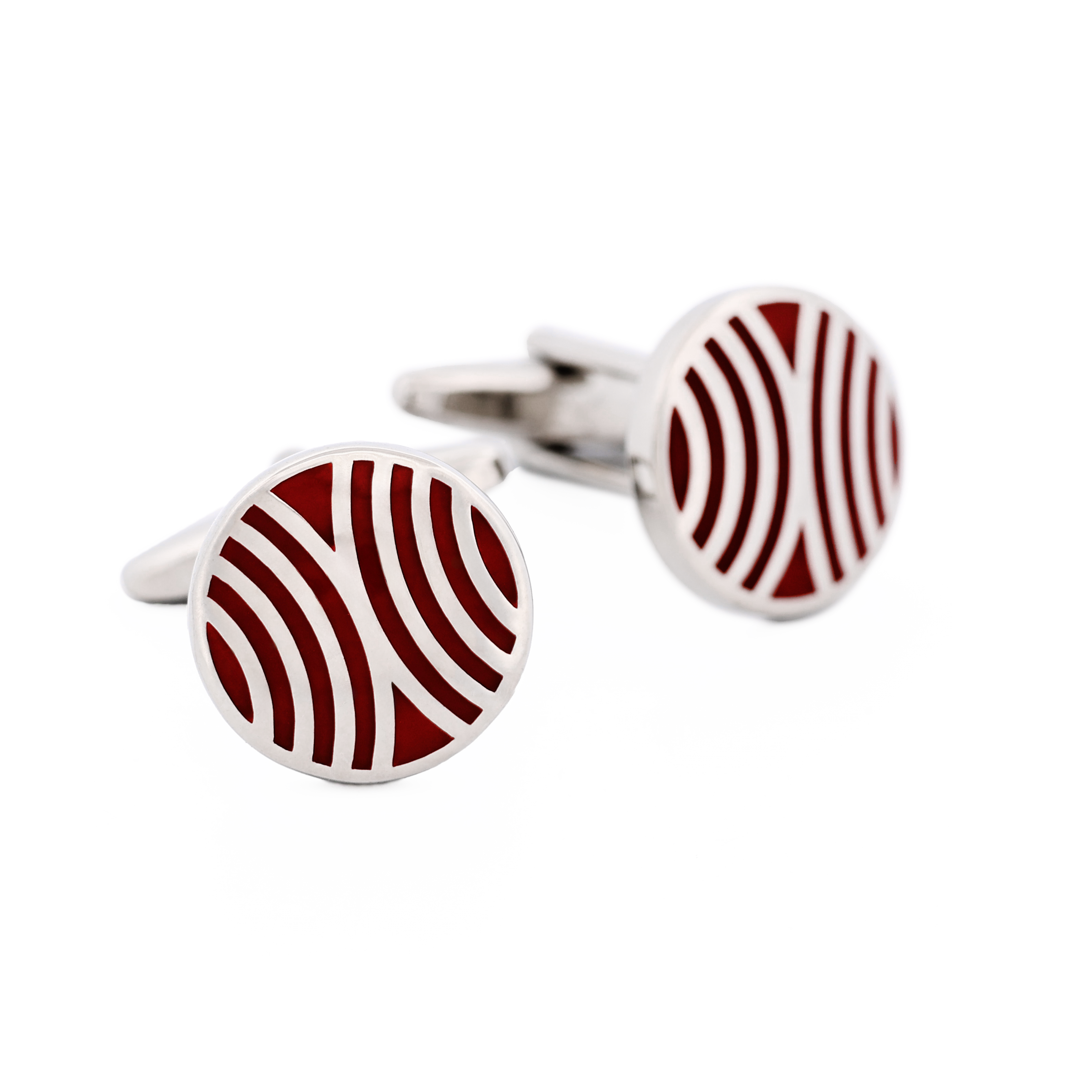 Polished Rhodium Plated Red Radio Wave Pattern Enamel Round Cufflinks