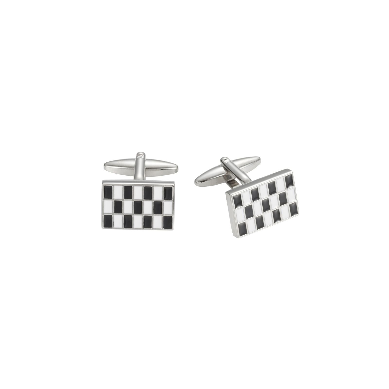 Black & White Enamel Check Rhodium Plated Cufflinks