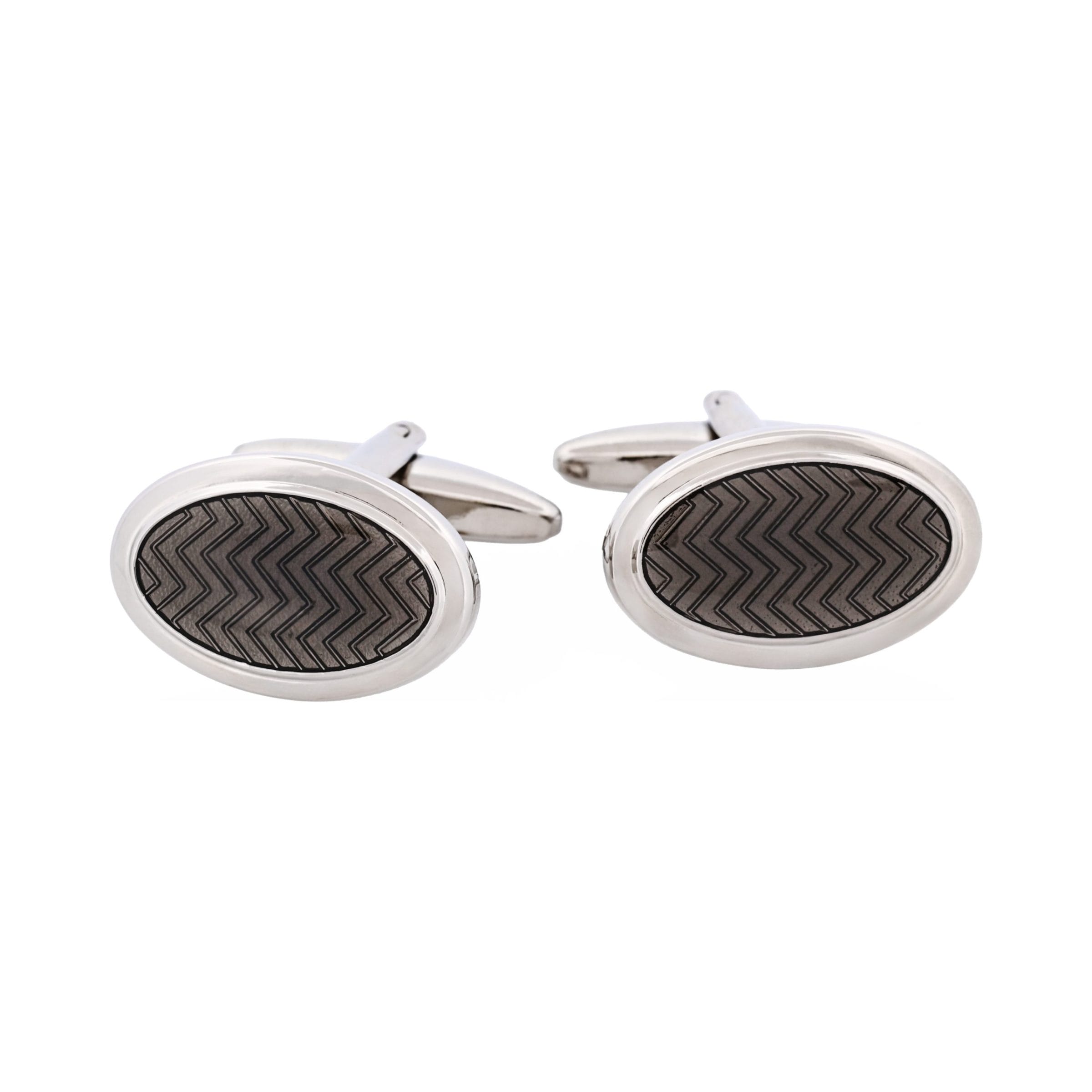 Herringbone Charcoal Enamel on Rhodium Plated Oval Cufflinks
