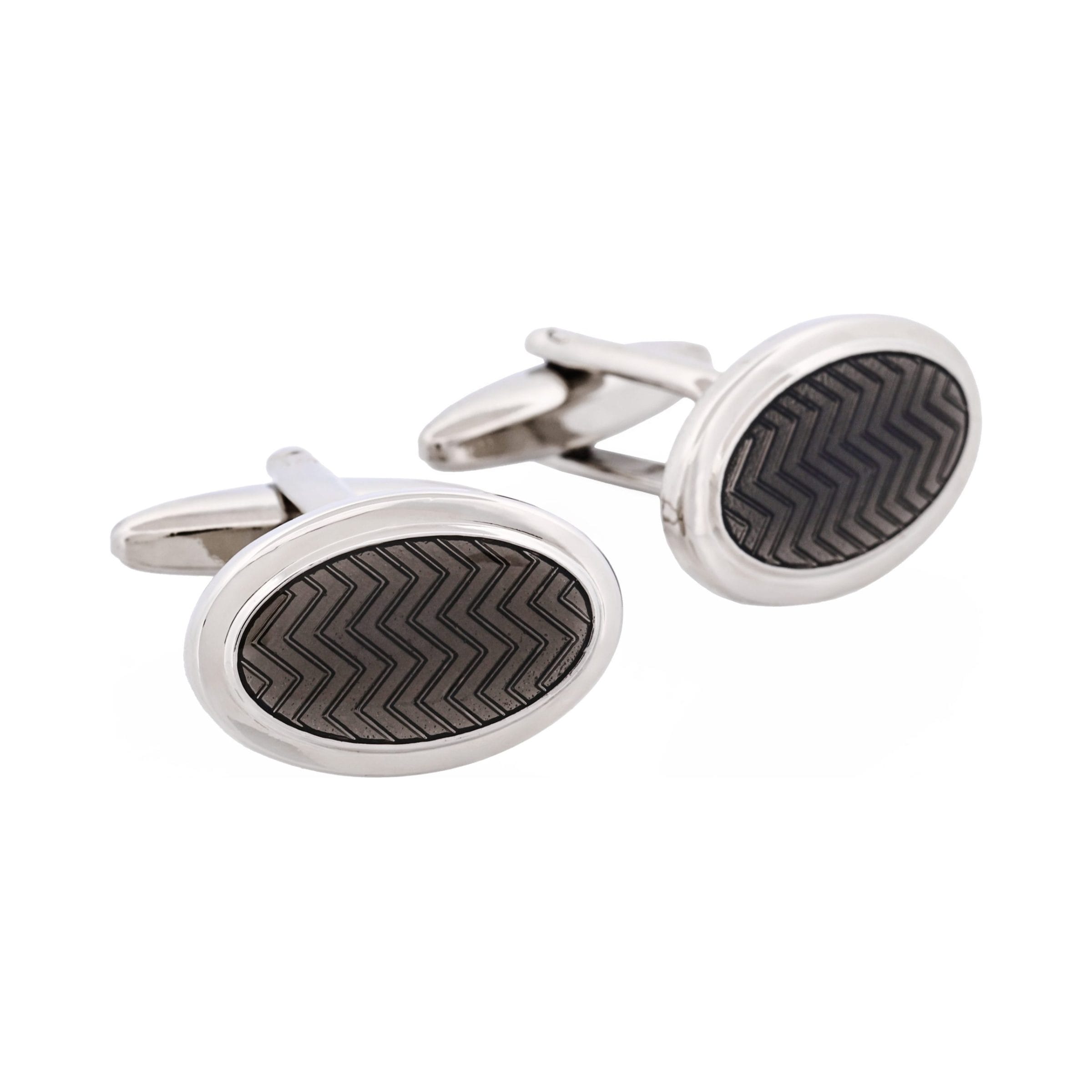 Herringbone Charcoal Enamel on Rhodium Plated Oval Cufflinks