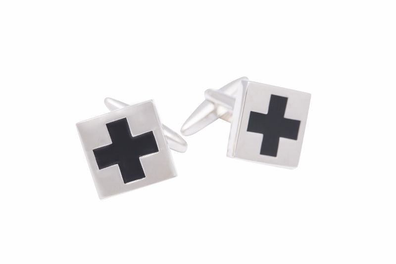 Black Enamel Cross on Rhodium Plated Square Cufflinks