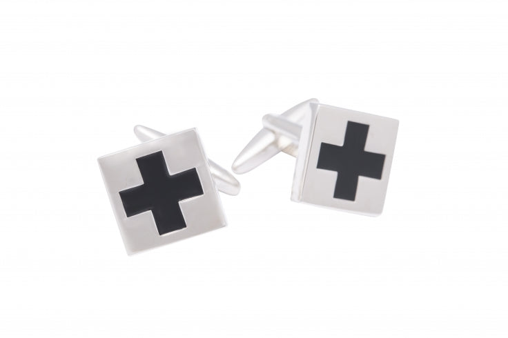 Black Enamel Cross on Rhodium Plated Square Cufflinks