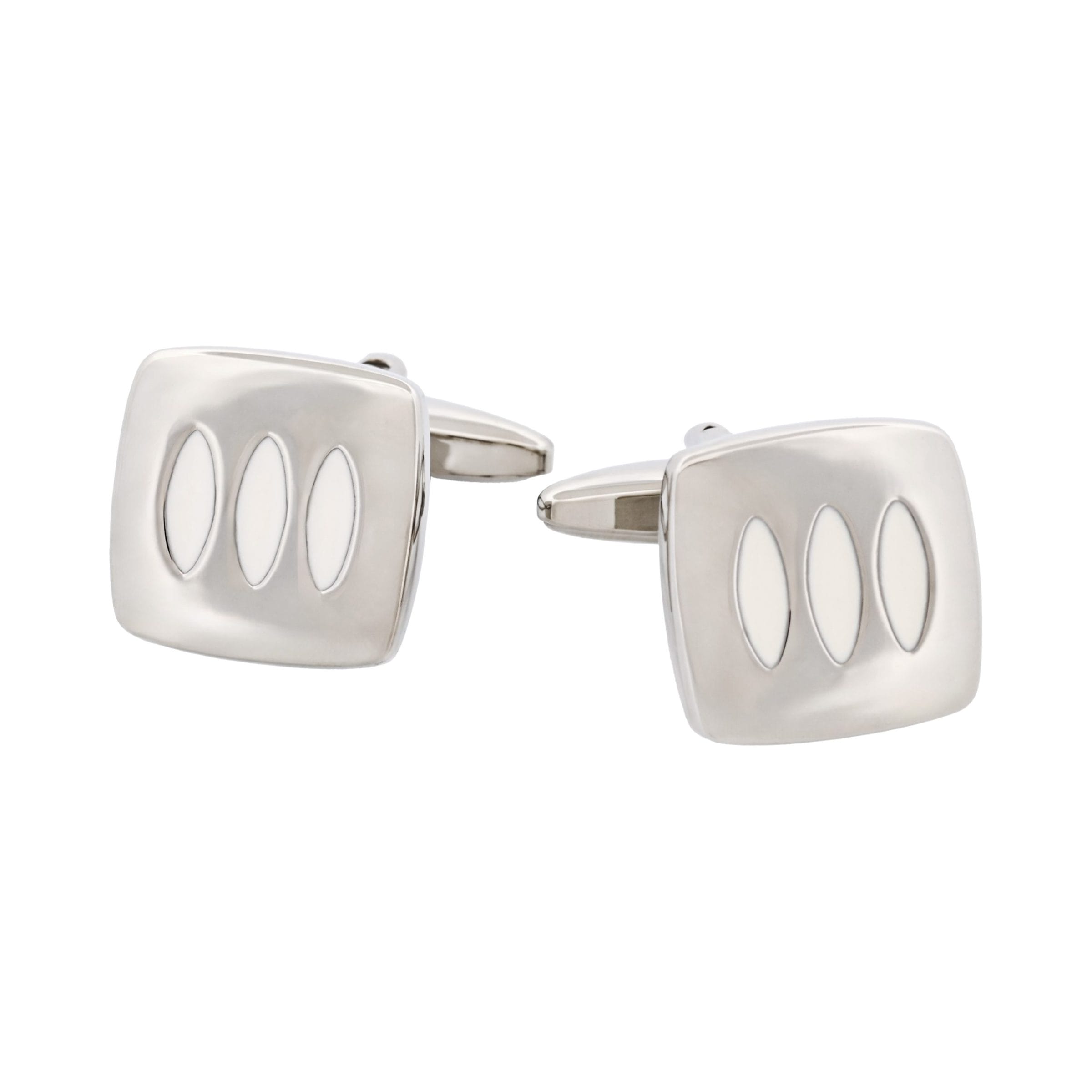Triple White Enamel Inlays on Rhodium Plated Cushion-Shape Cufflinks