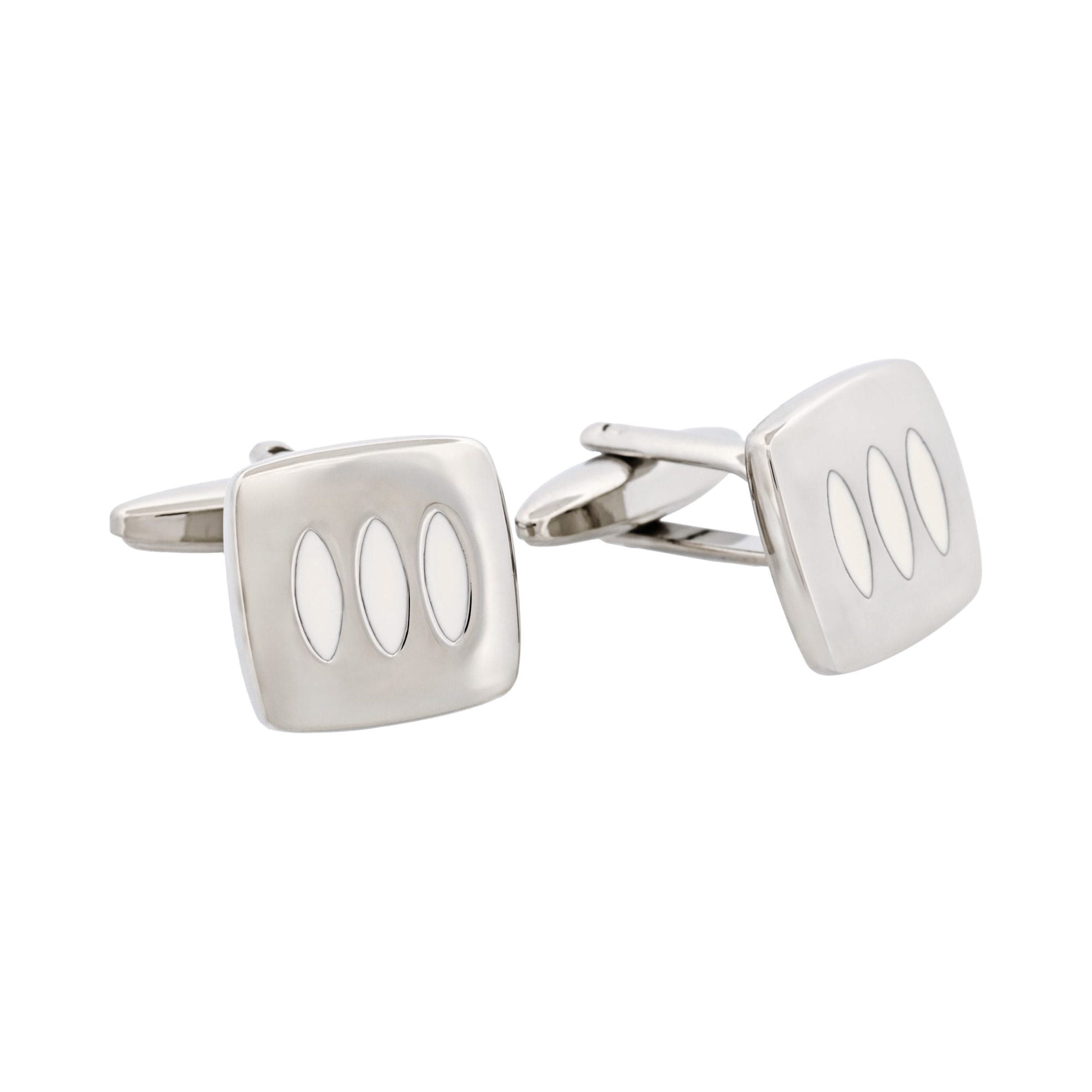 Triple White Enamel Inlays on Rhodium Plated Cushion-Shape Cufflinks