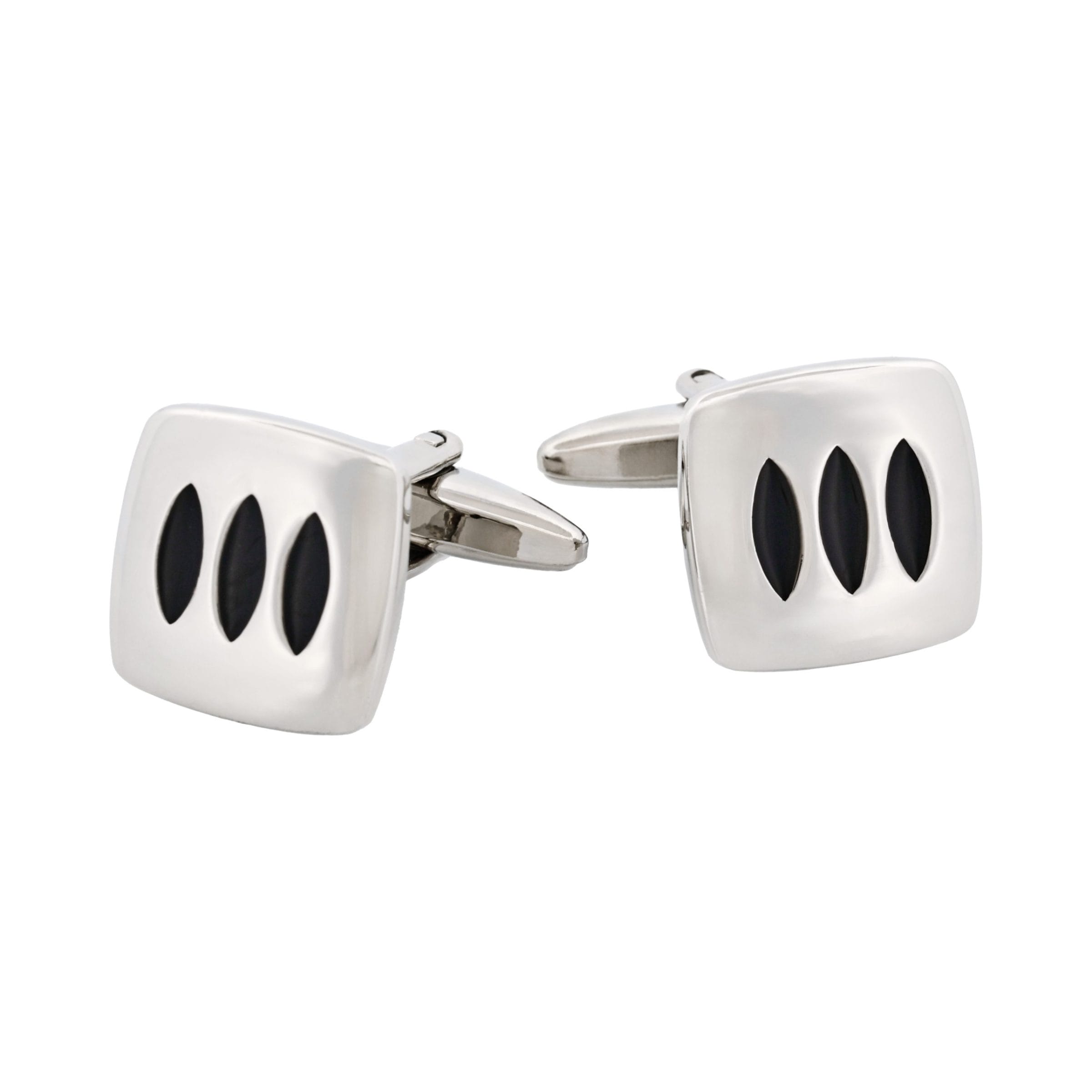 Triple Black Enamel Inlays on Rhodium Plated Cushion-Shape Cufflinks