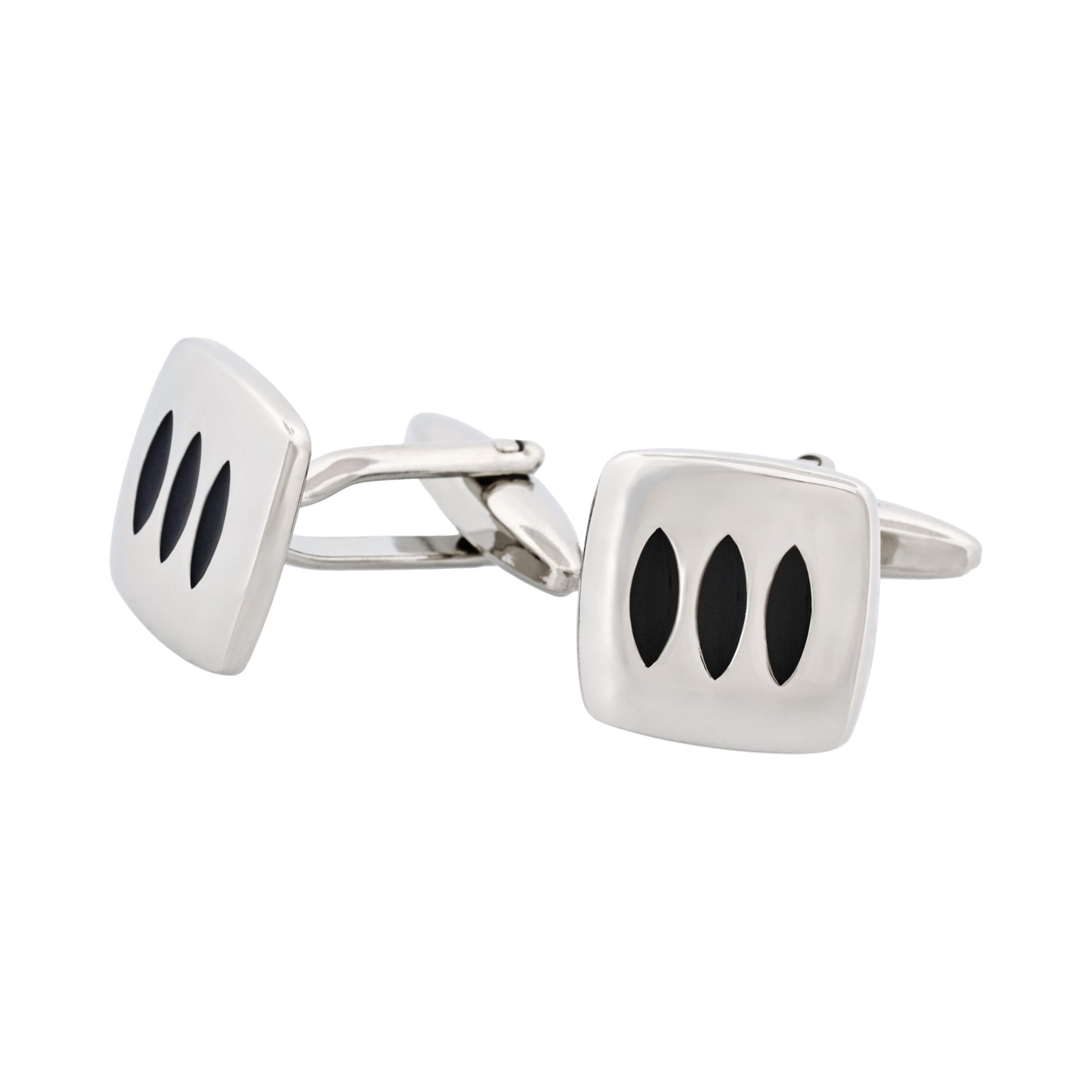 Triple Black Enamel Inlays on Rhodium Plated Cushion-Shape Cufflinks