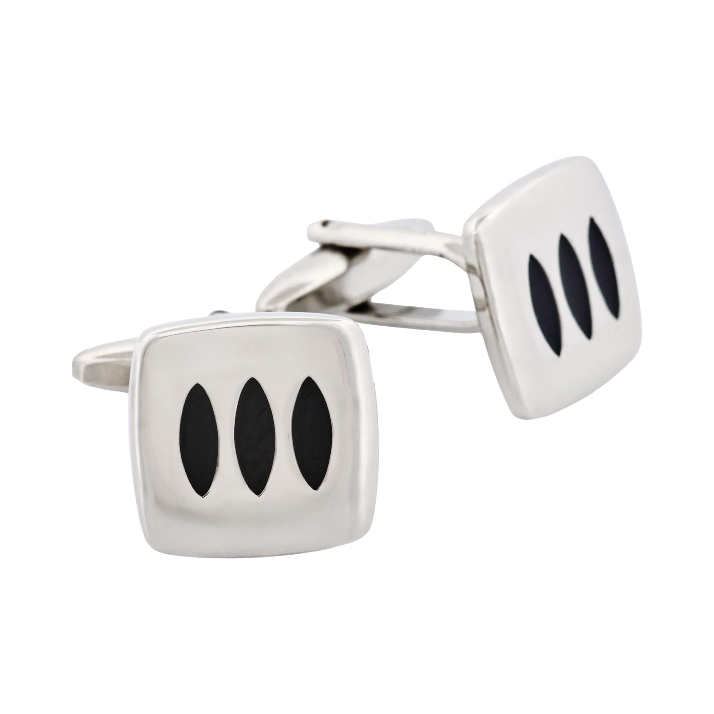 Triple Black Enamel Inlays on Rhodium Plated Cushion-Shape Cufflinks