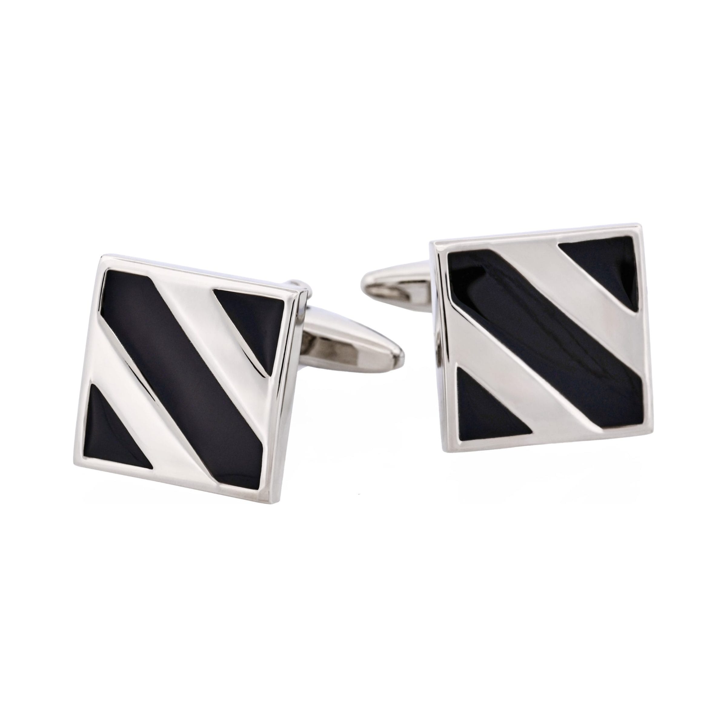 Rhodium Plated Black Striped Enamel Square Cufflinks