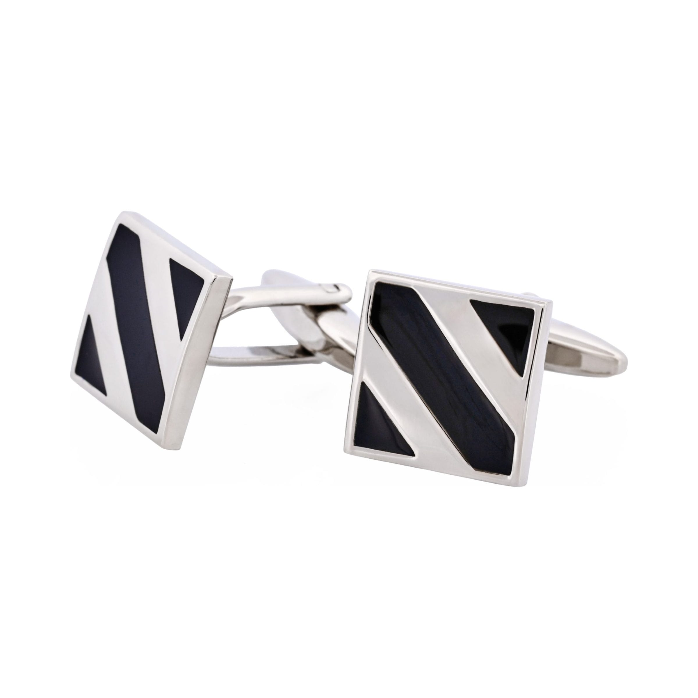 Rhodium Plated Black Striped Enamel Square Cufflinks