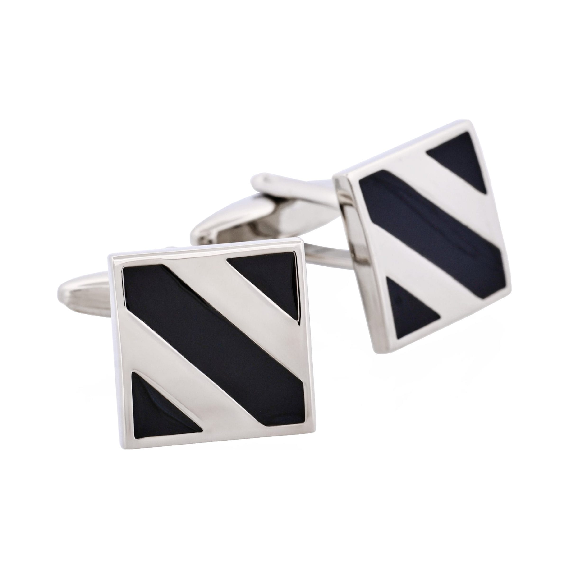 Rhodium Plated Black Striped Enamel Square Cufflinks