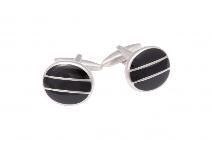 Rhodium Plated Round Curved Face Black Epoxy Cufflinks