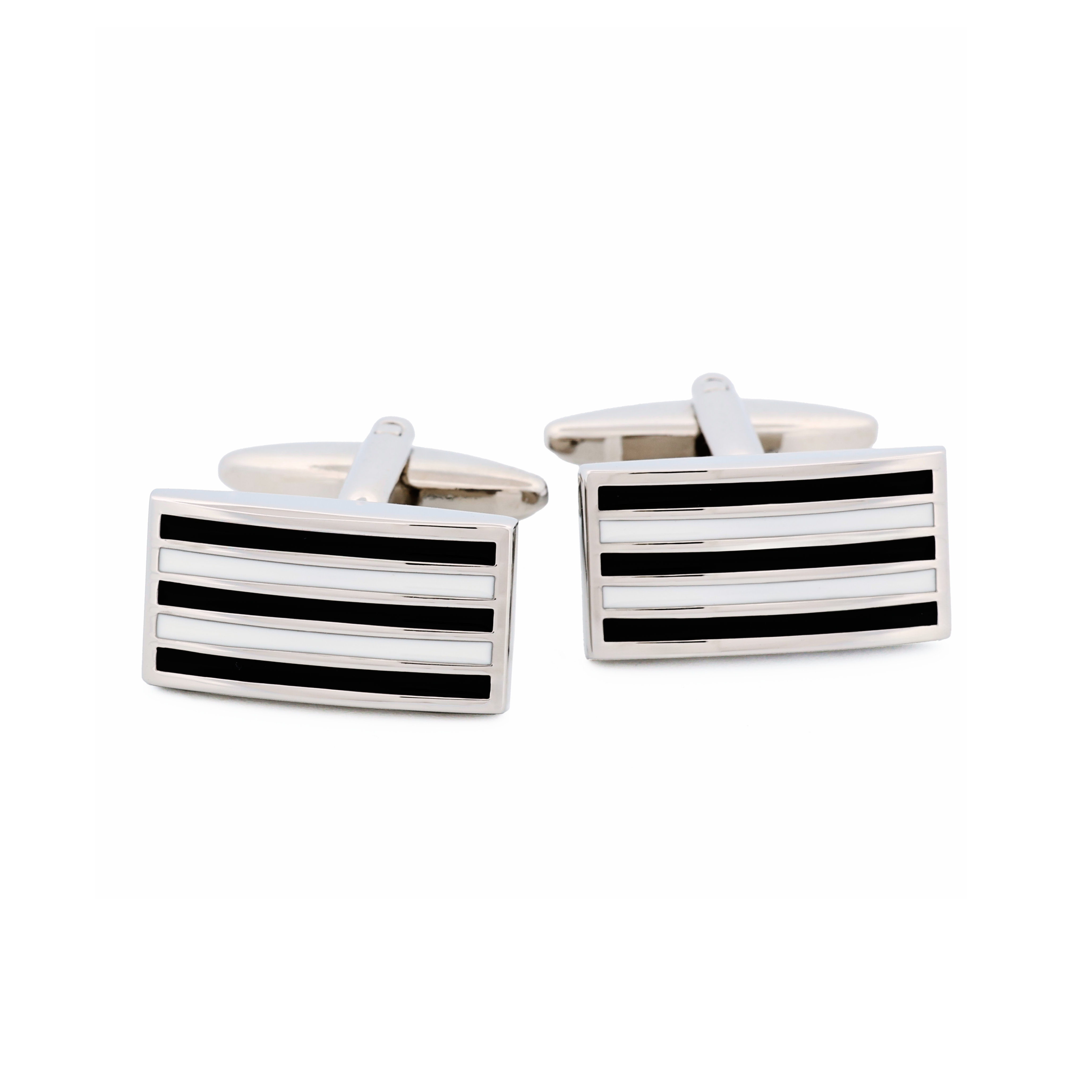 Rhodium Black White Enamel Cufflinks