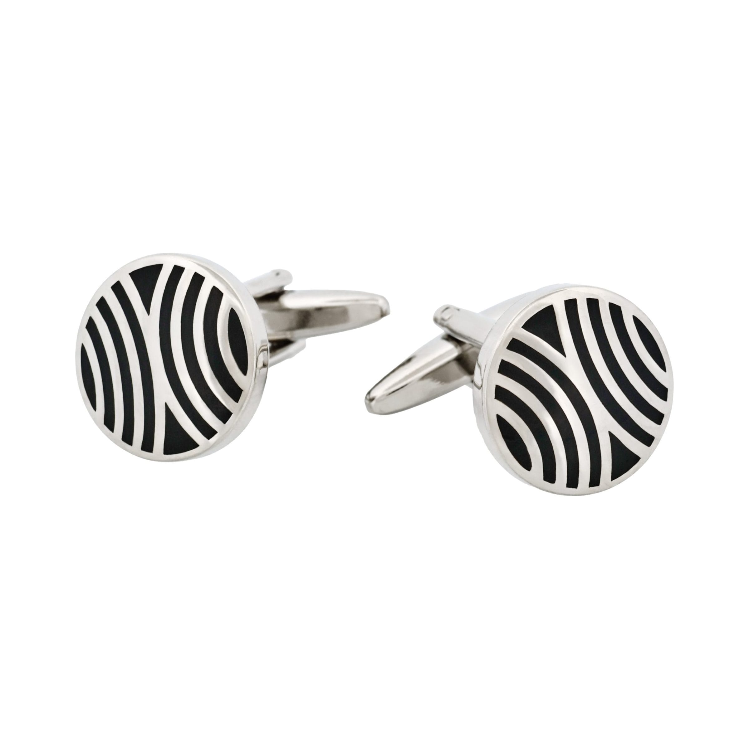 Rhodium Plated Round Cufflinks with Swirling Black Enamel