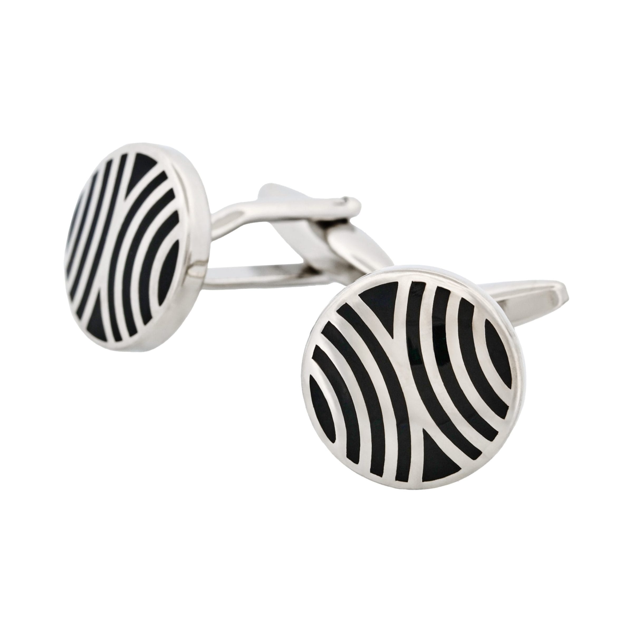 Rhodium Plated Round Cufflinks with Swirling Black Enamel