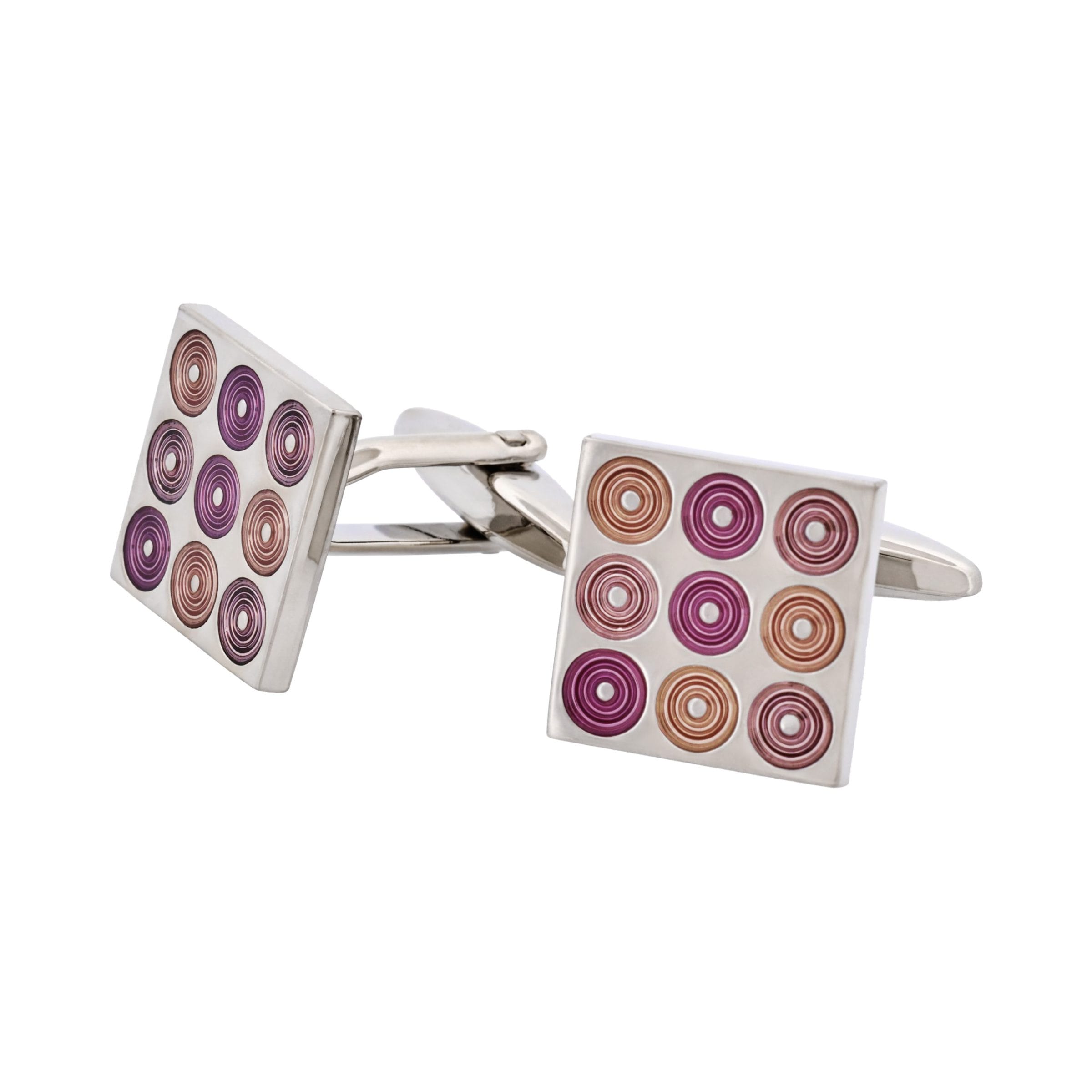 Polished Rhodium Plated Square Cufflinks with 9 Mauve To Purple Inlaid Circles