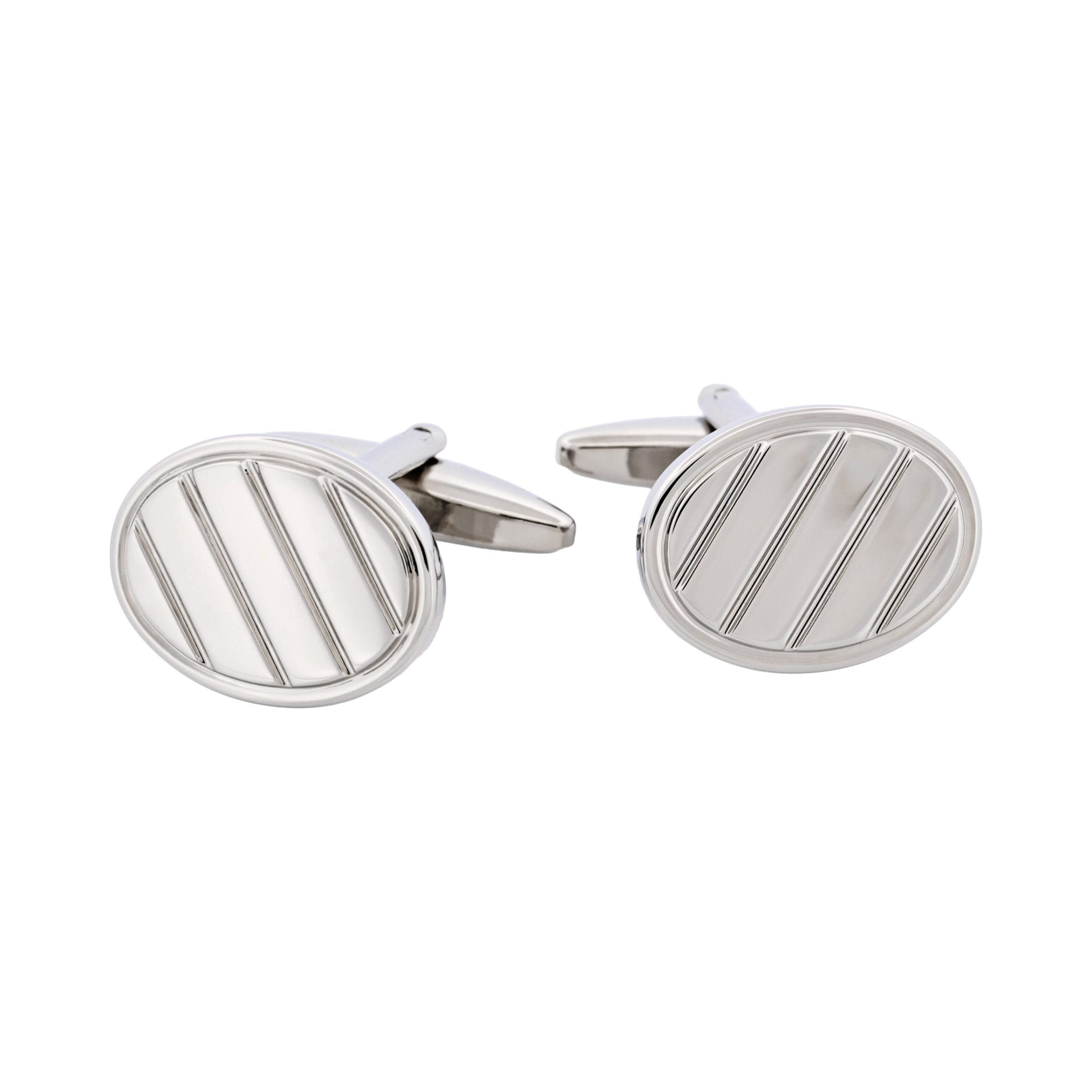 Rhodium Plated Oval Brushed Striped Cufflinks