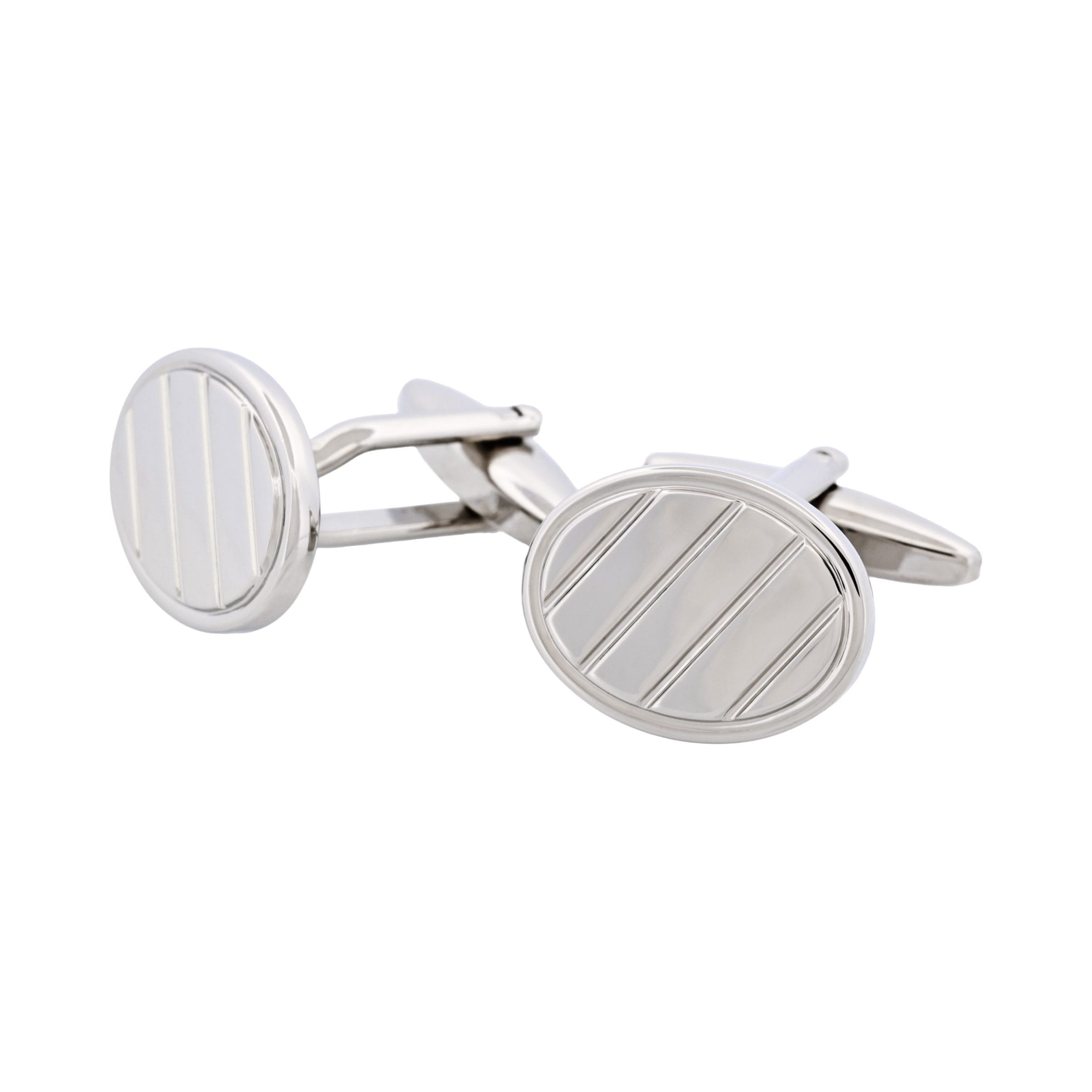 Rhodium Plated Oval Brushed Striped Cufflinks